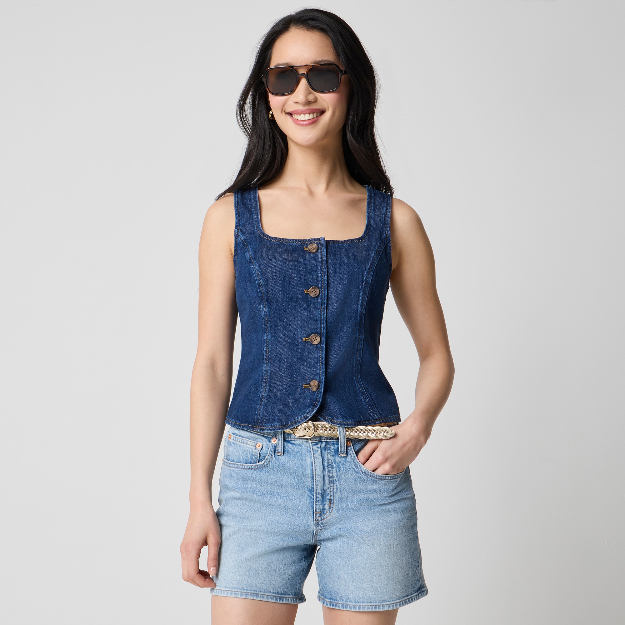 Denim scoopneck button-front vest
