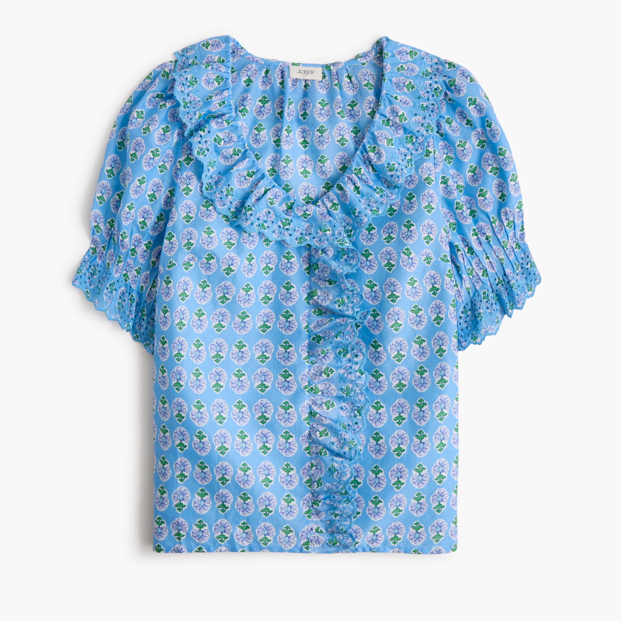 Eyelet ruffle-front top