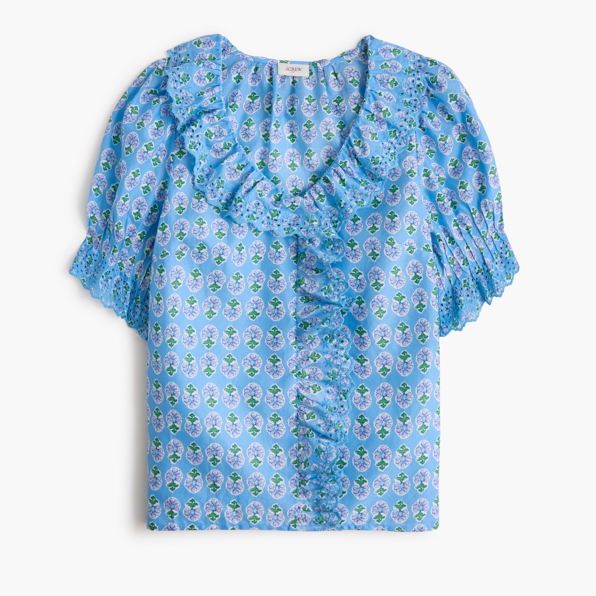 Eyelet ruffle-front top