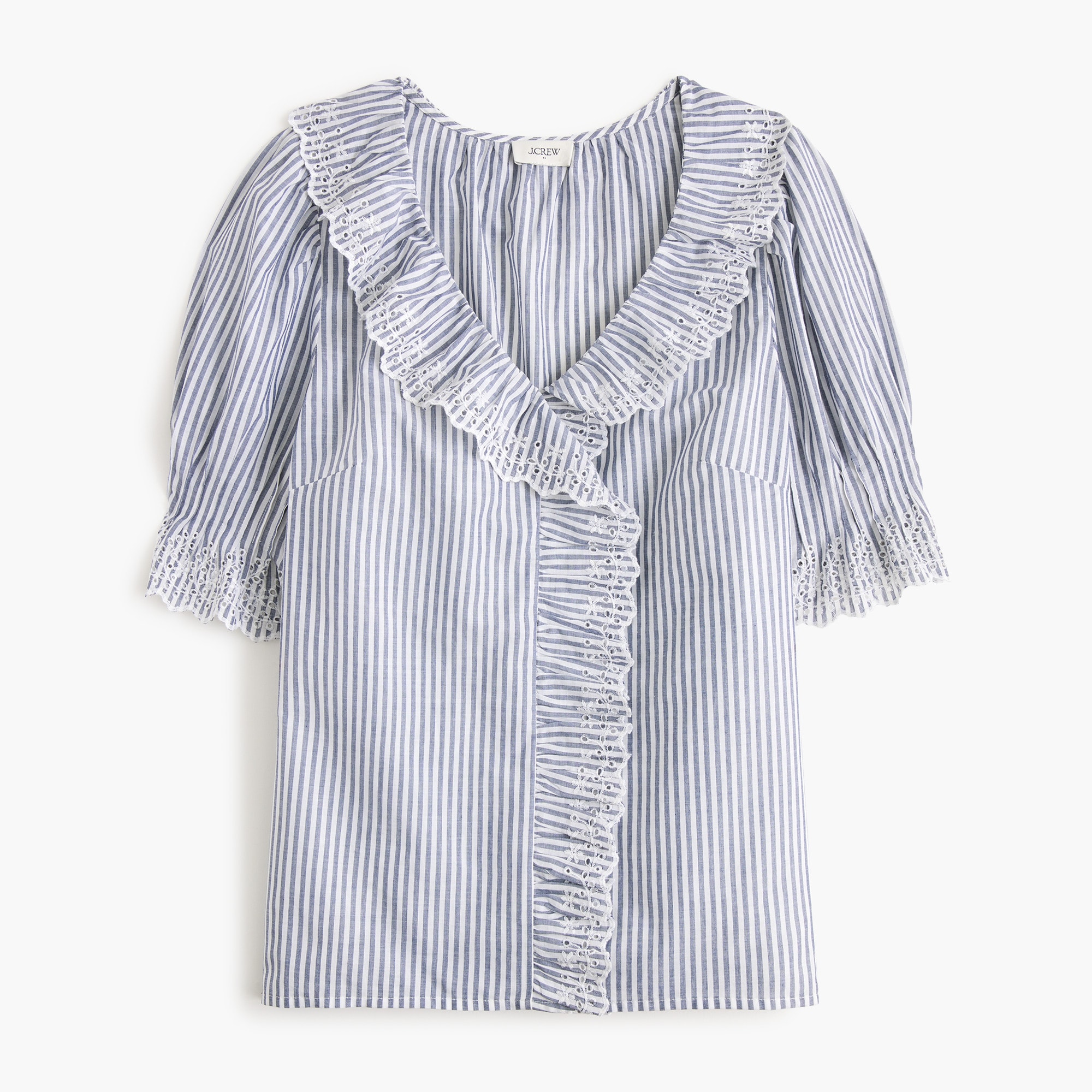 Striped eyelet ruffle-front top
