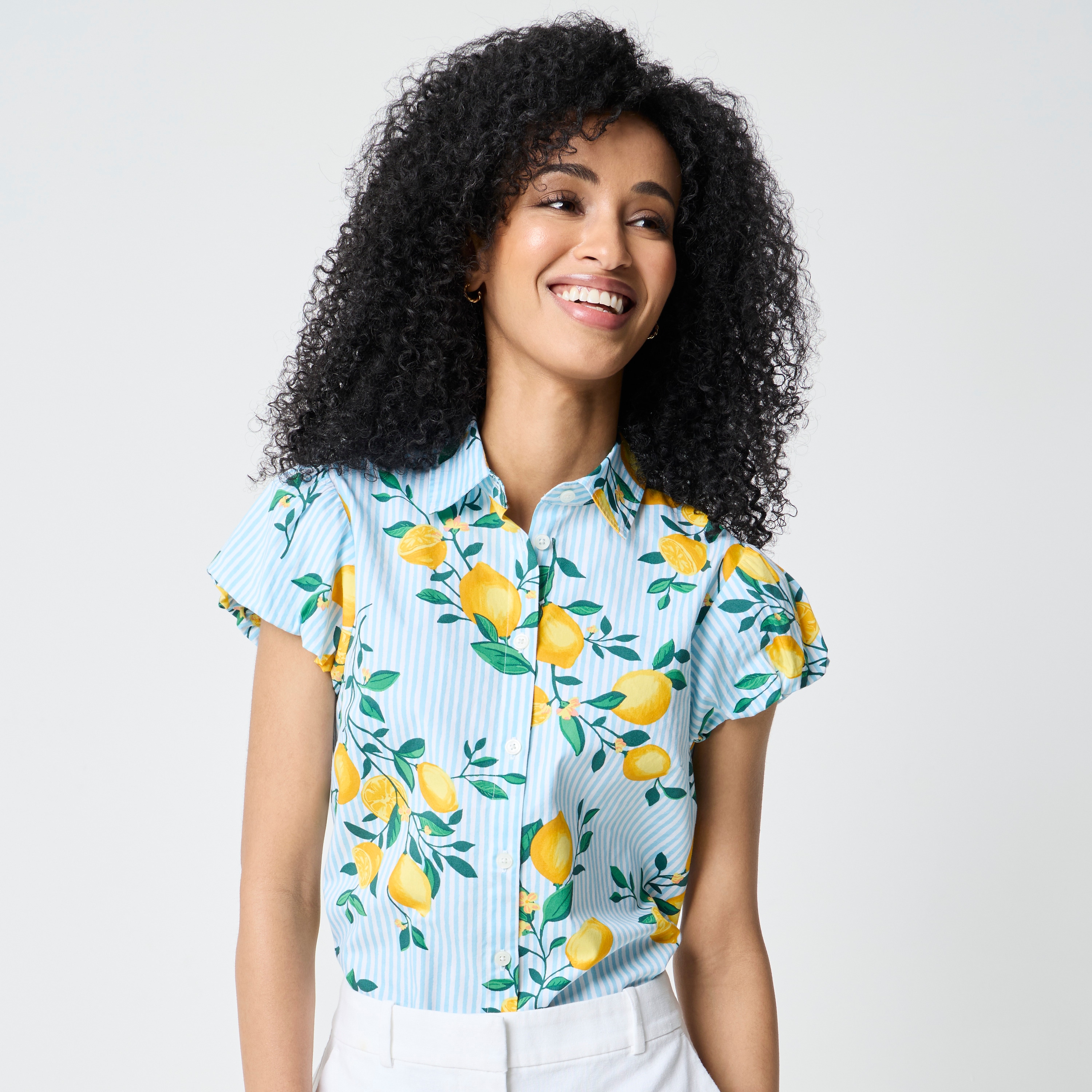 Puff-sleeve button-up top