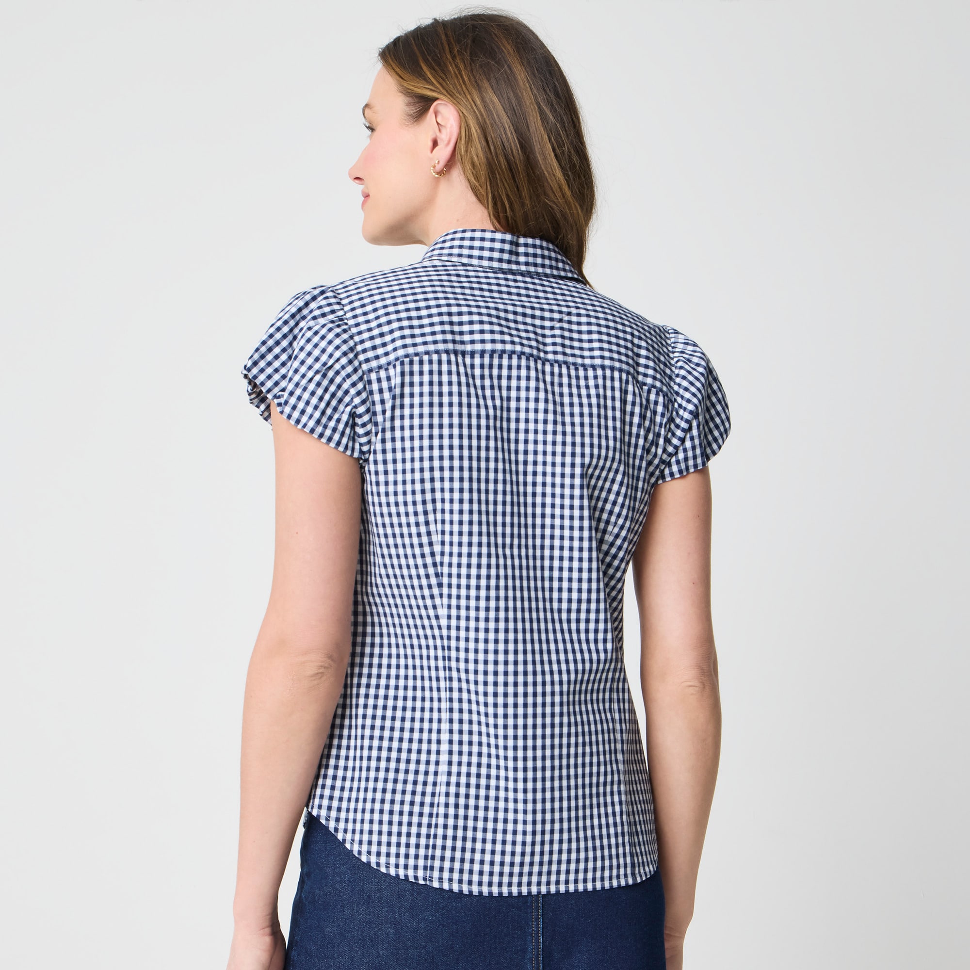 Gingham puff-sleeve button-up top