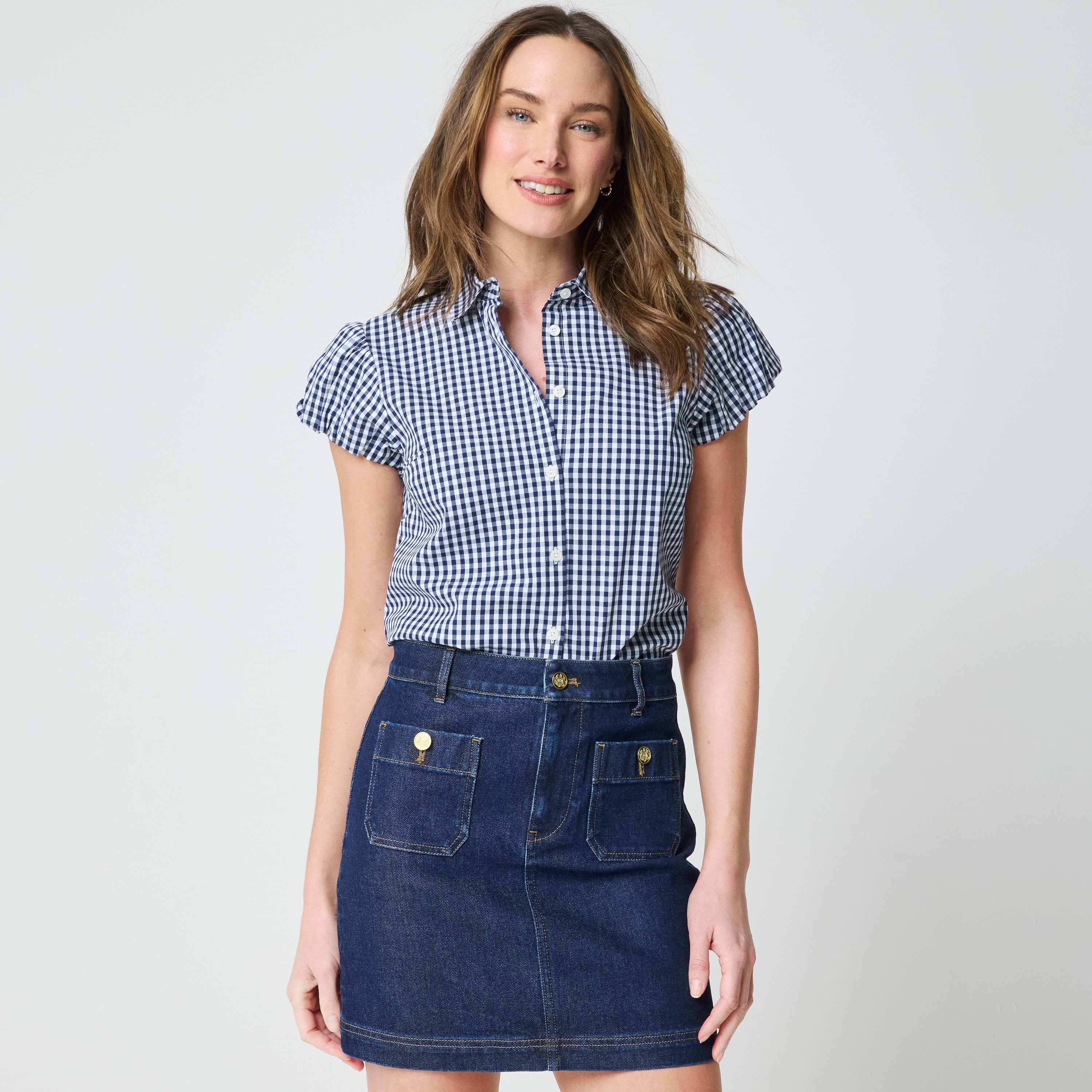 Gingham puff-sleeve button-up top
