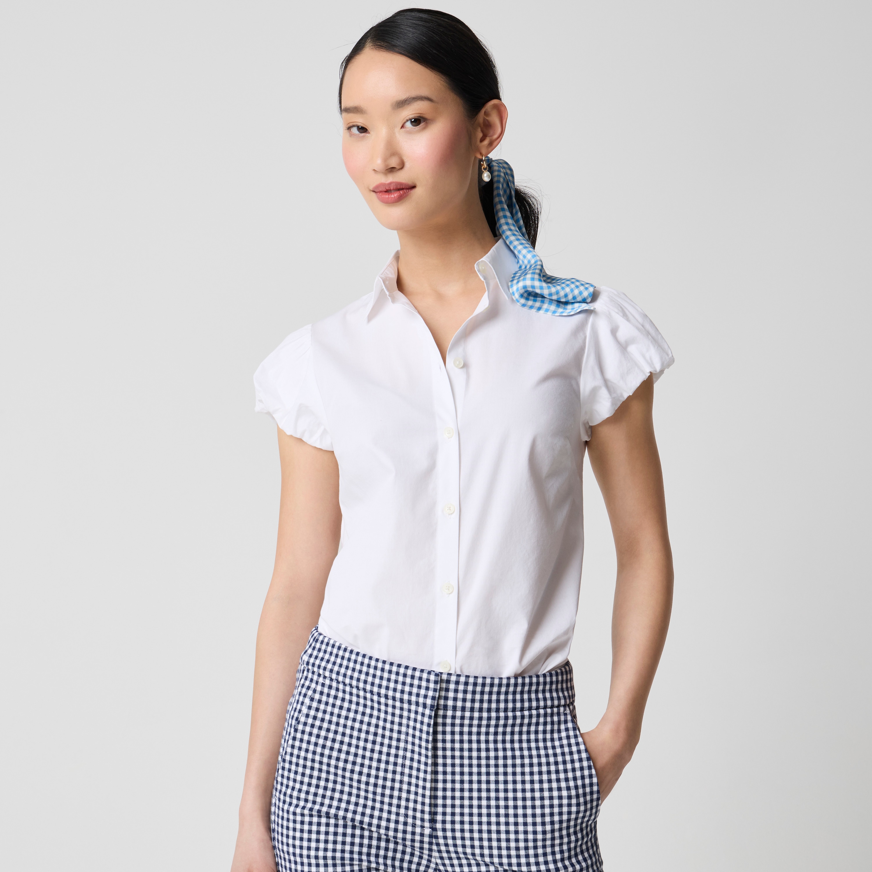 Puff-sleeve button-up top