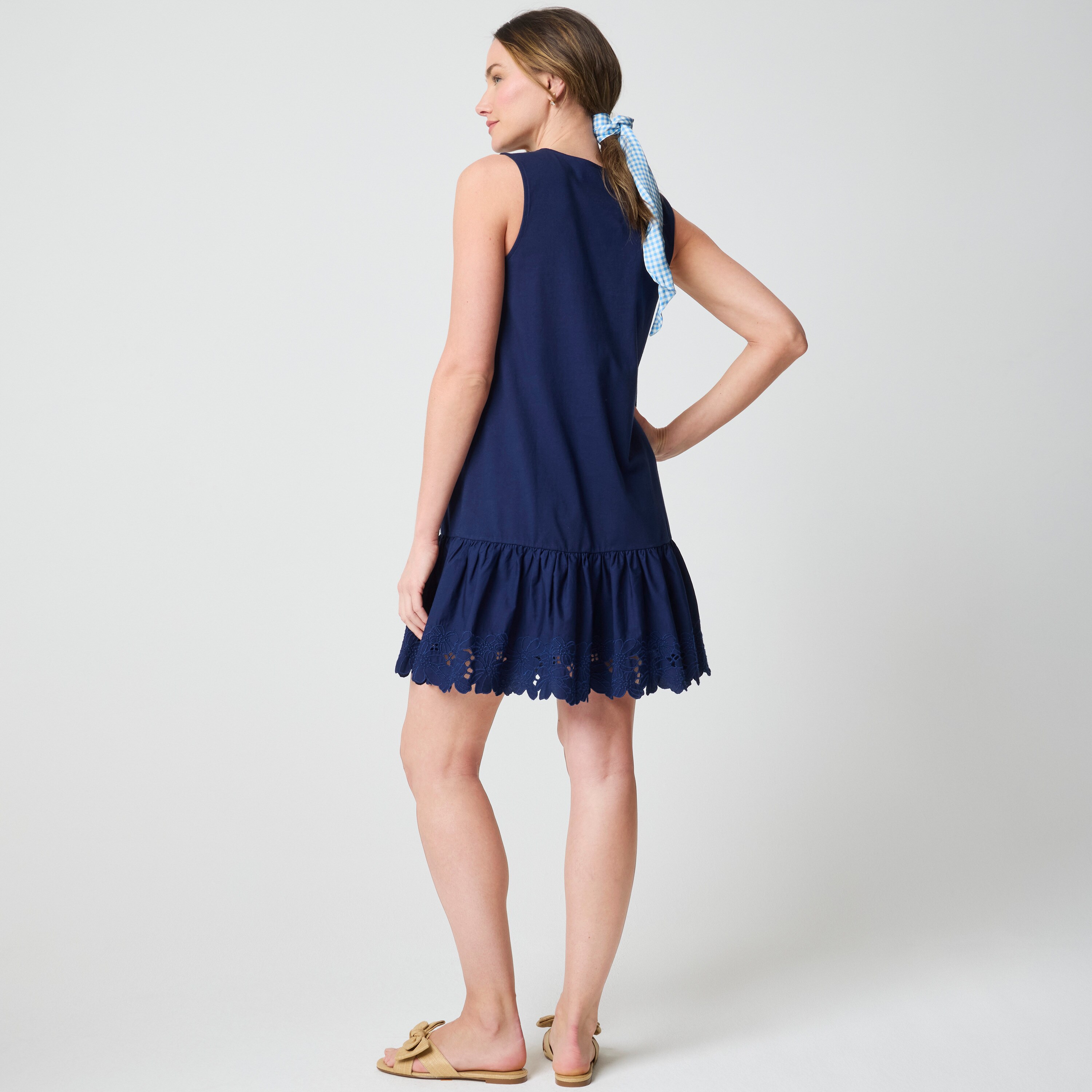 Mixed-media eyelet-hem mini shift dress