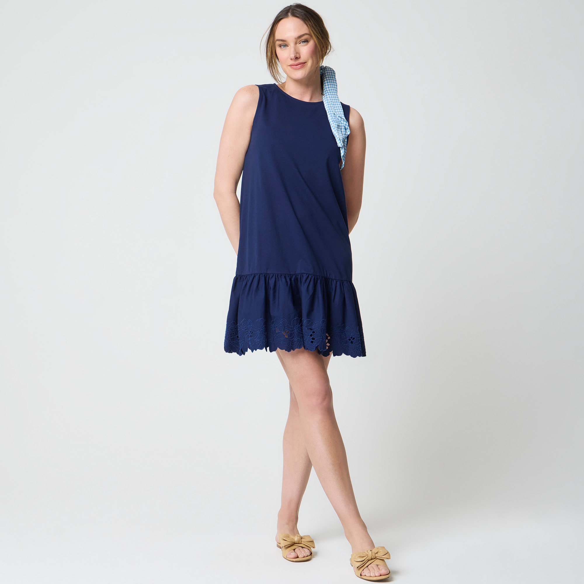 Mixed-media eyelet-hem mini shift dress