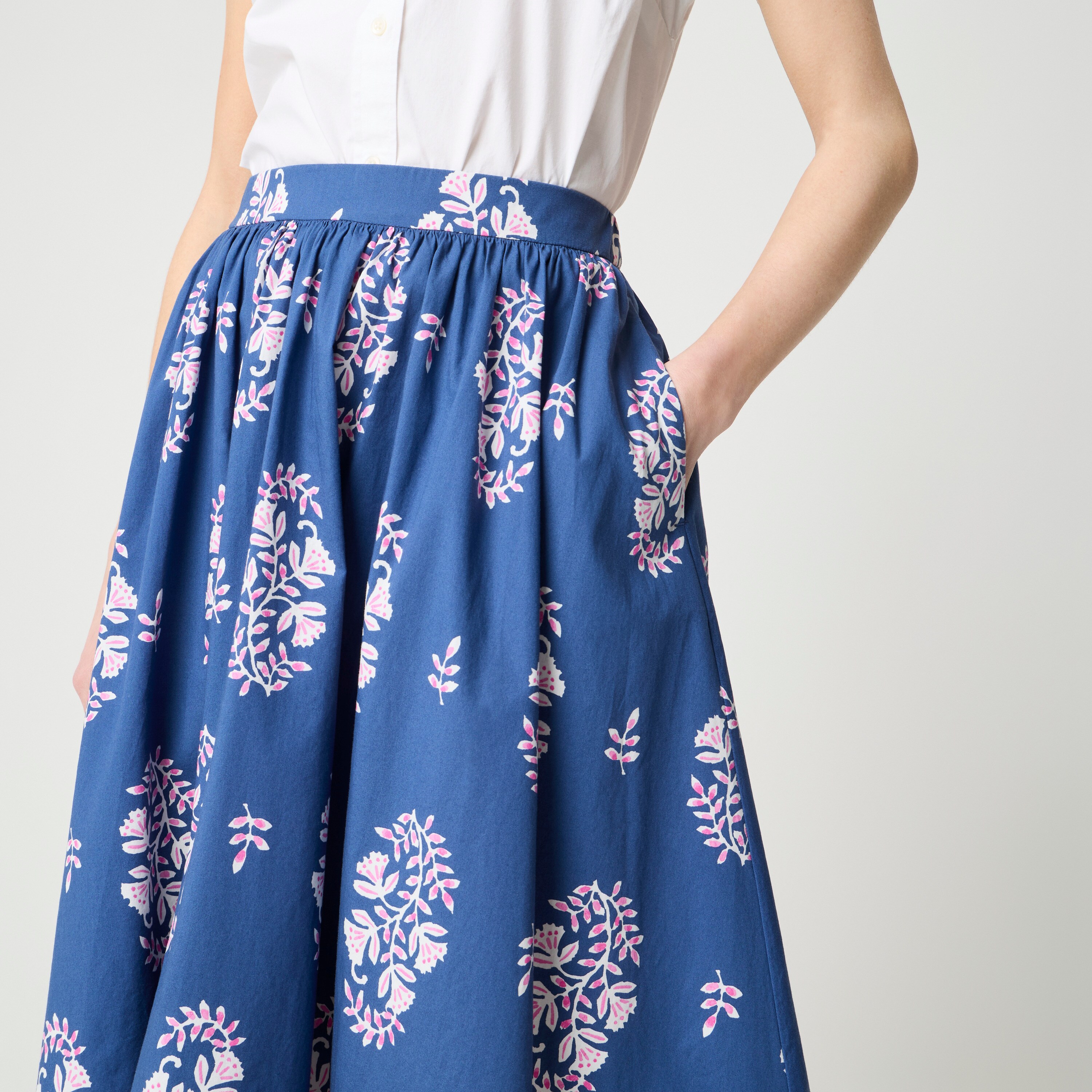 Poplin pull-on midi skirt