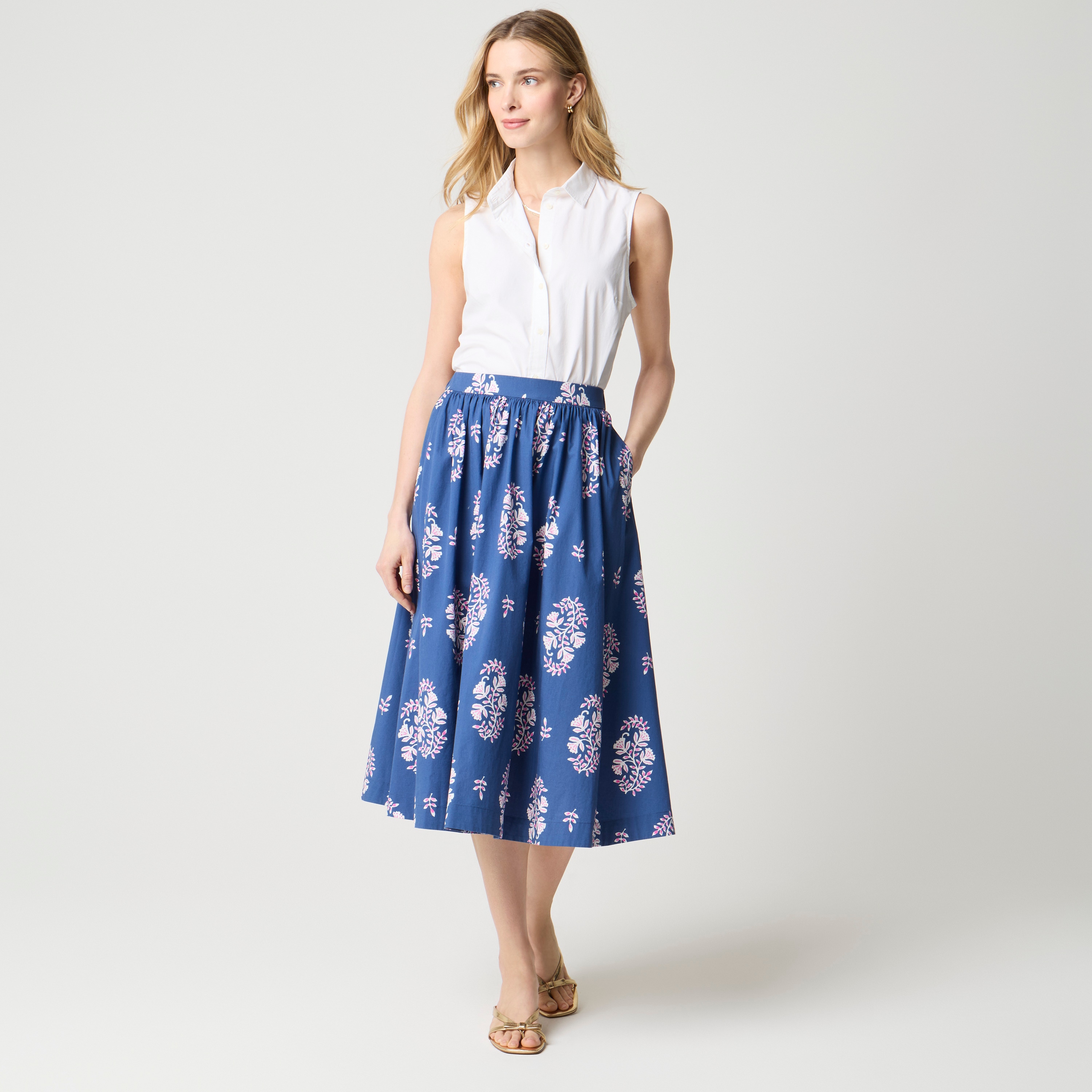 Poplin pull-on midi skirt