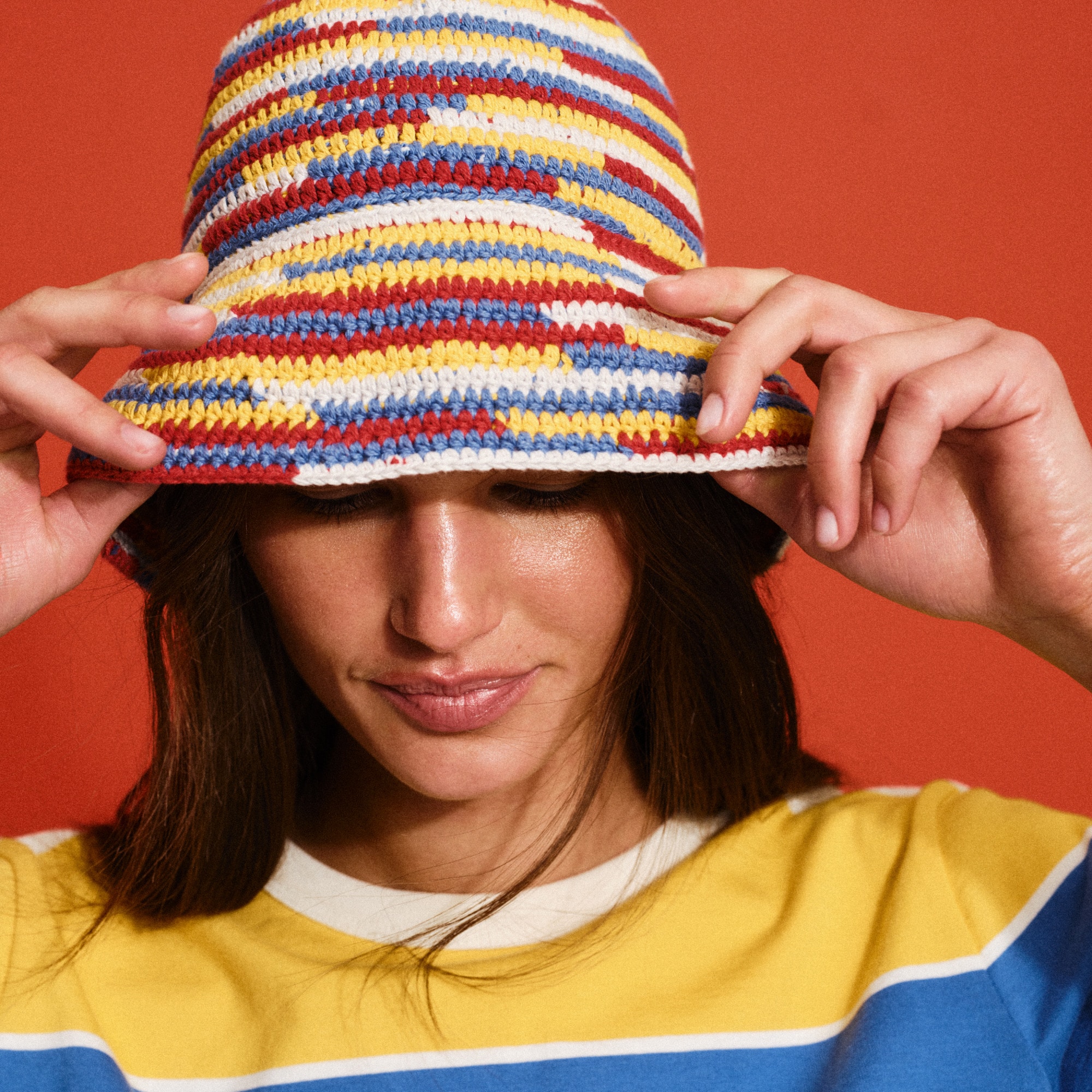 Wide-brim Crochet Bucket Hat In Striped Cotton For Women | J.Crew