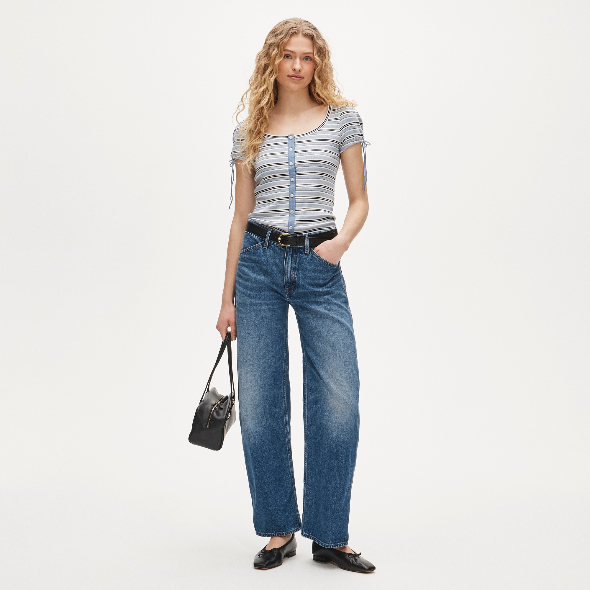 トップス JJ Perfect Rib Button-up Shirt With Satin Trim In Stripe For Women