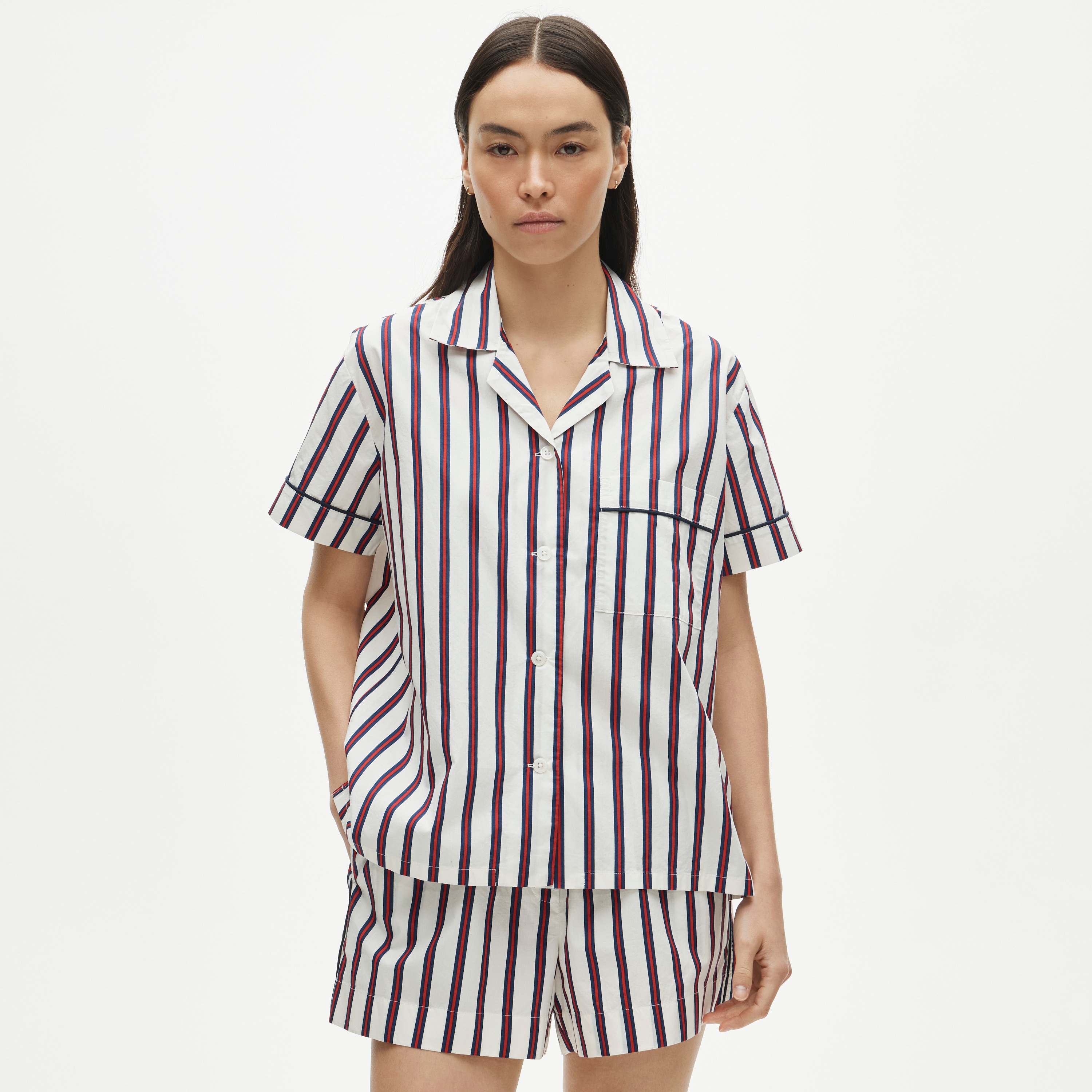 Pajama short set in striped cotton poplin