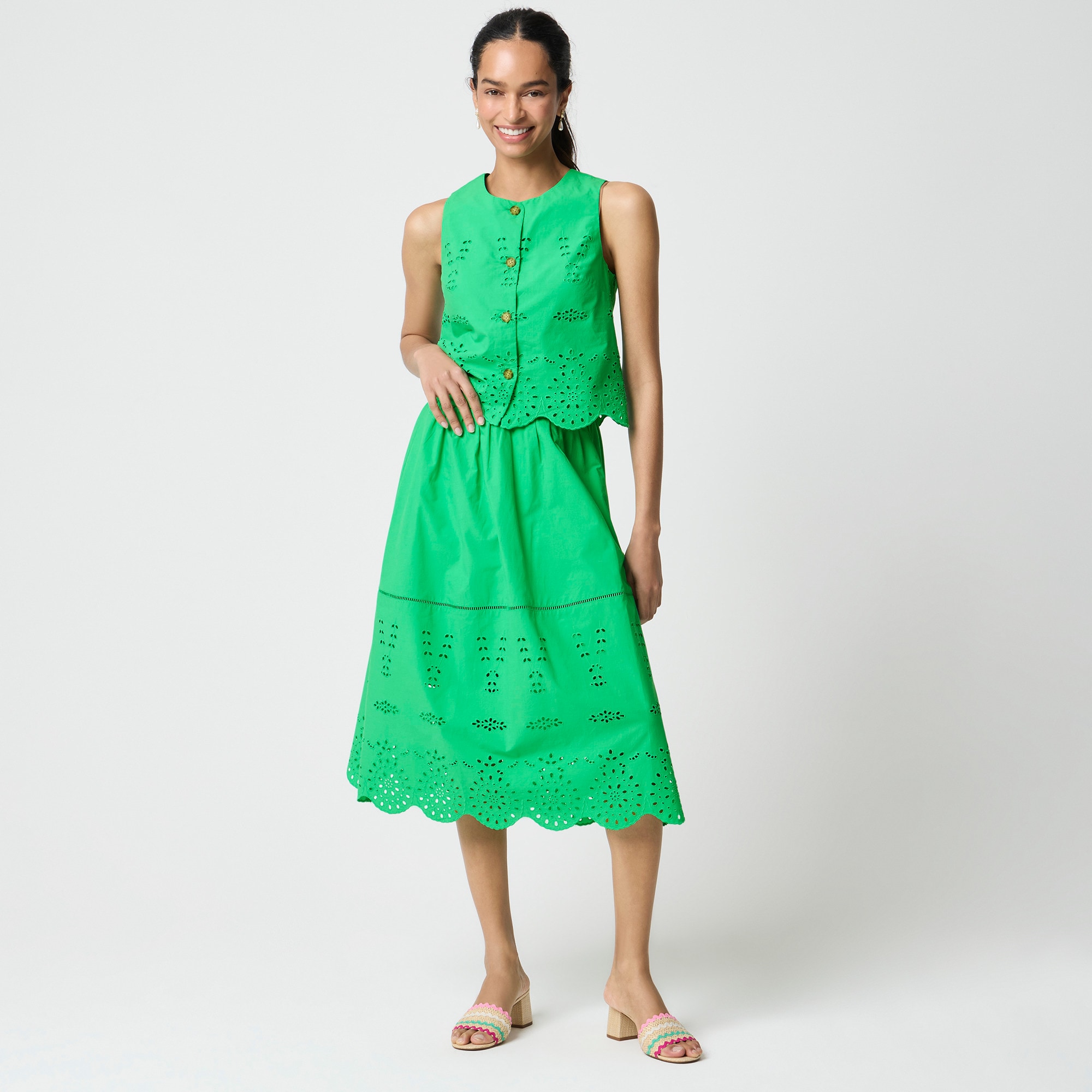 Scallop-hem eyelet midi skirt