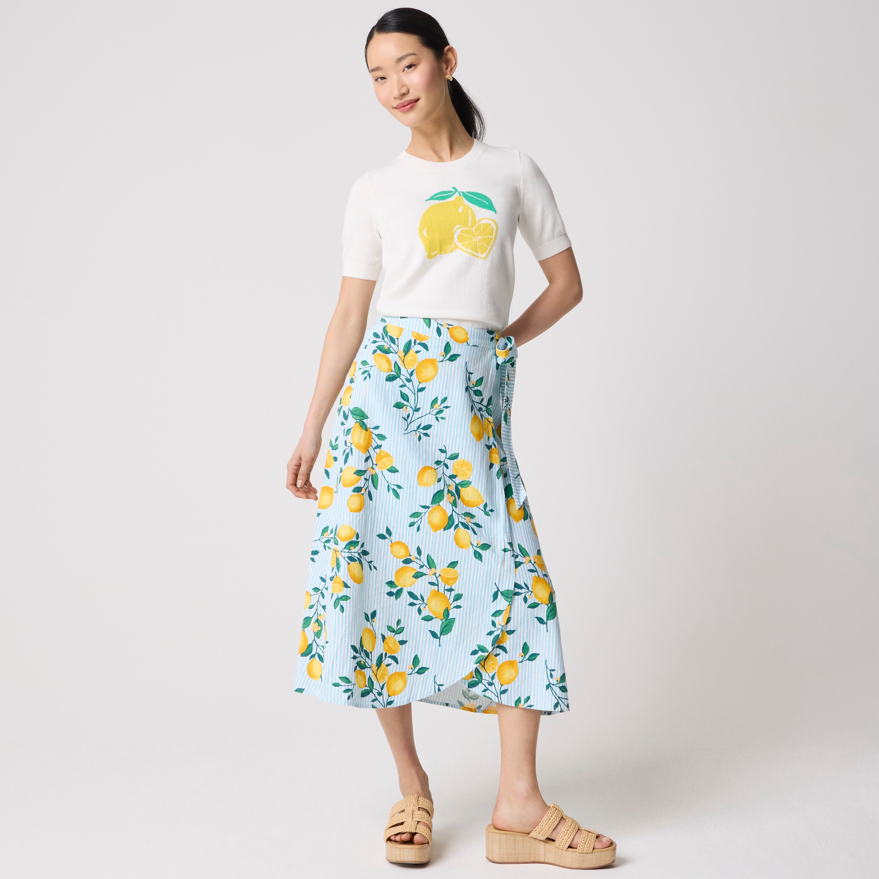 Linen-blend faux-wrap skirt