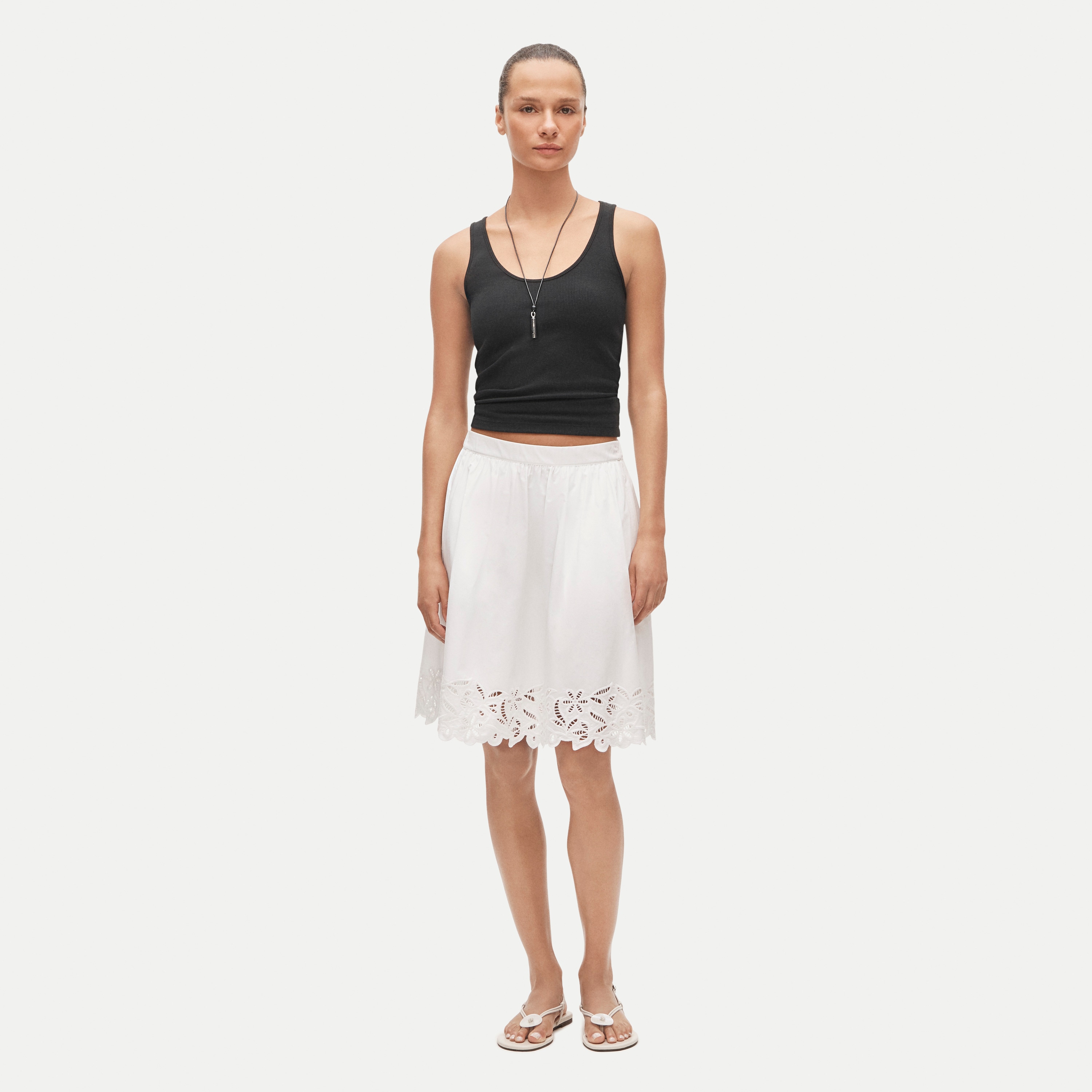 Embroidered knee-length skirt in cotton poplin