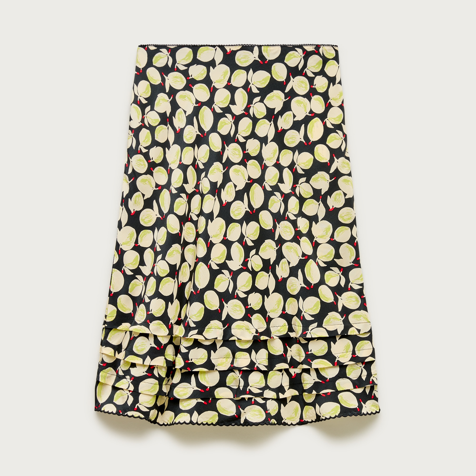Ruffle-trim slip skirt in lemon-print crepe de chine