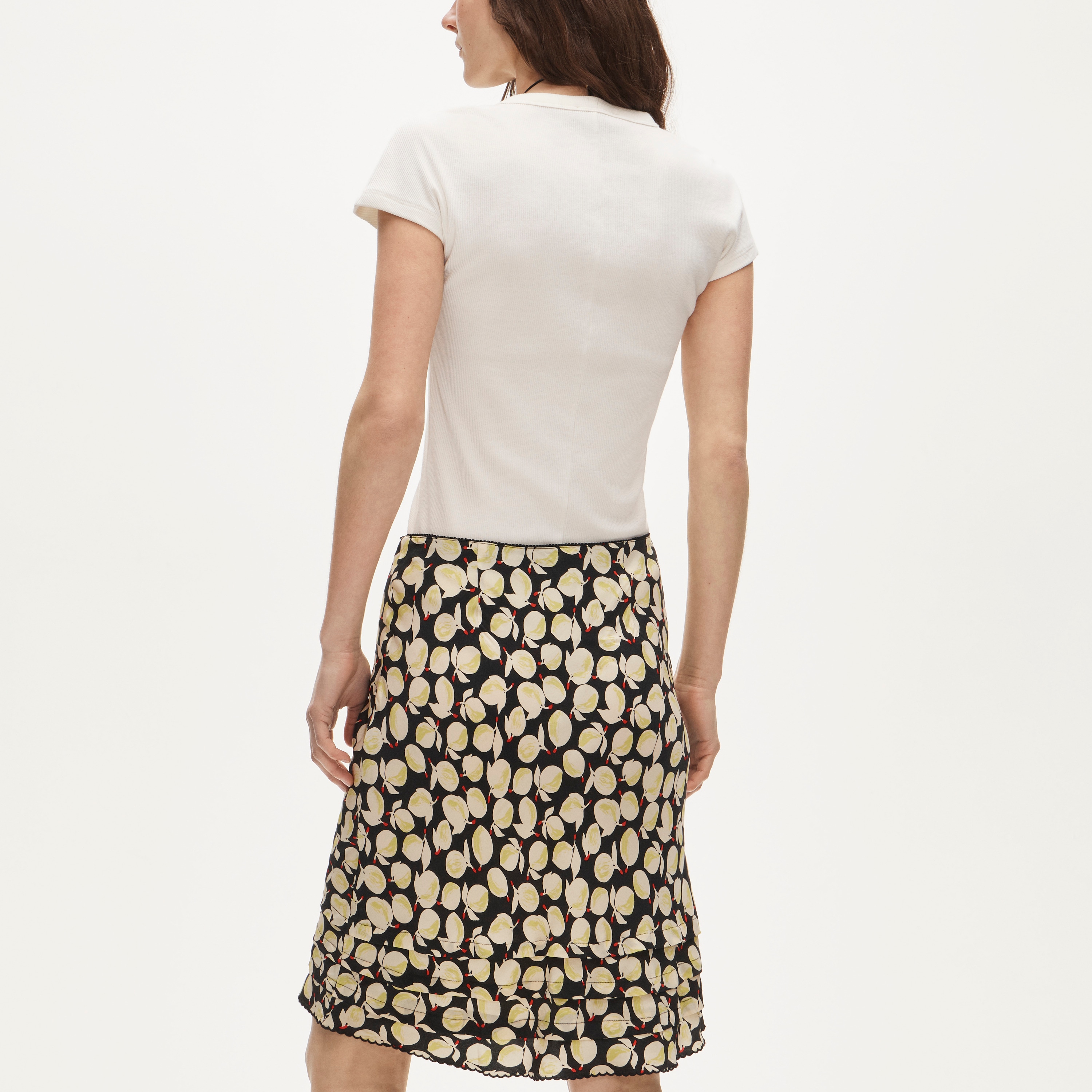Ruffle-trim slip skirt in lemon-print crepe de chine