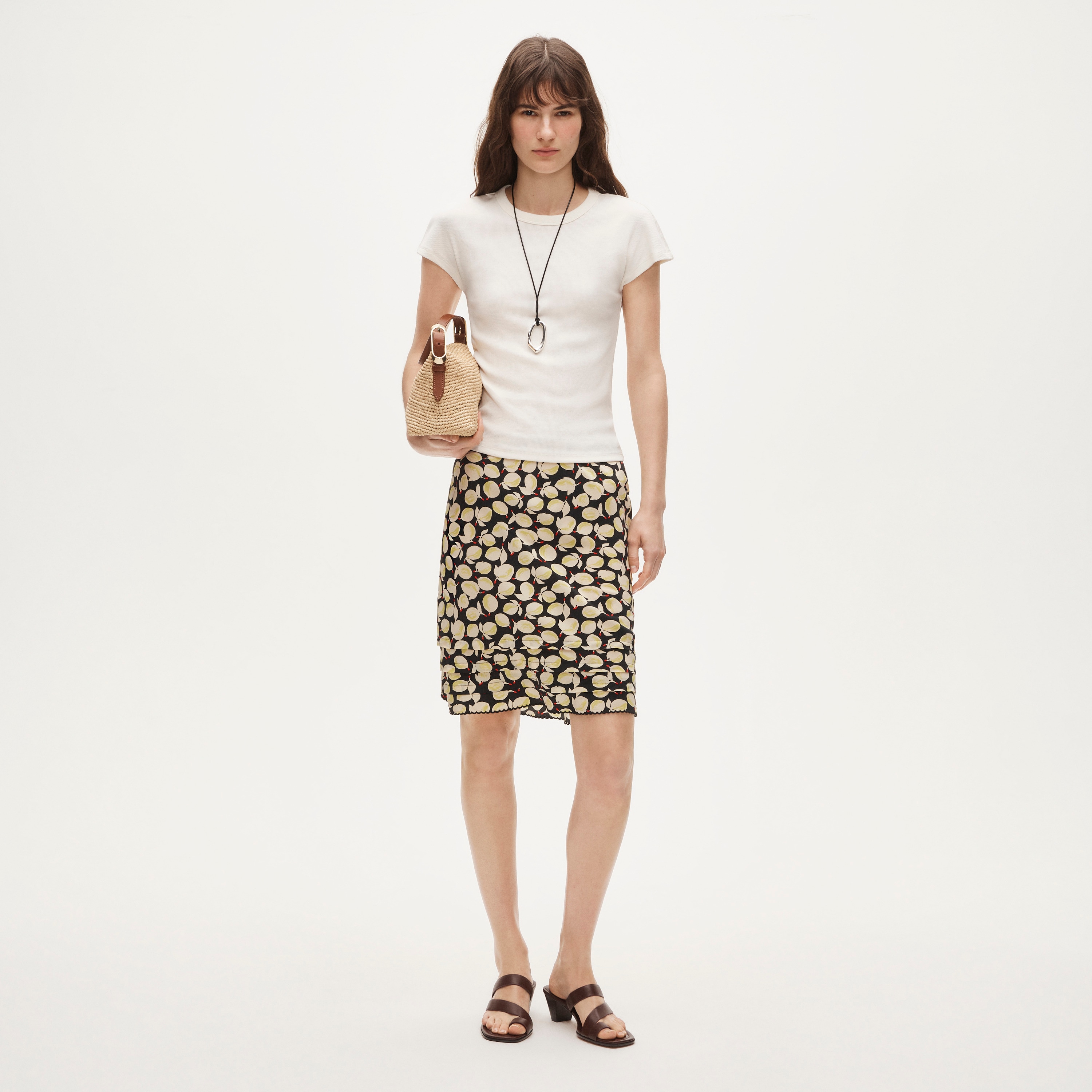 Ruffle-trim slip skirt in lemon-print crepe de chine