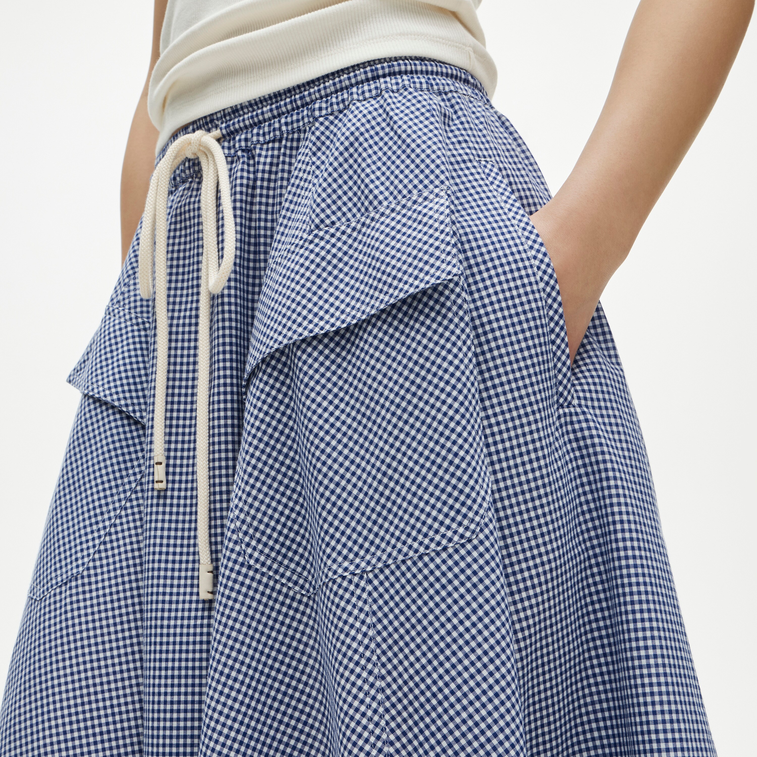 Patch-pocket midi skirt in gingham cotton madras