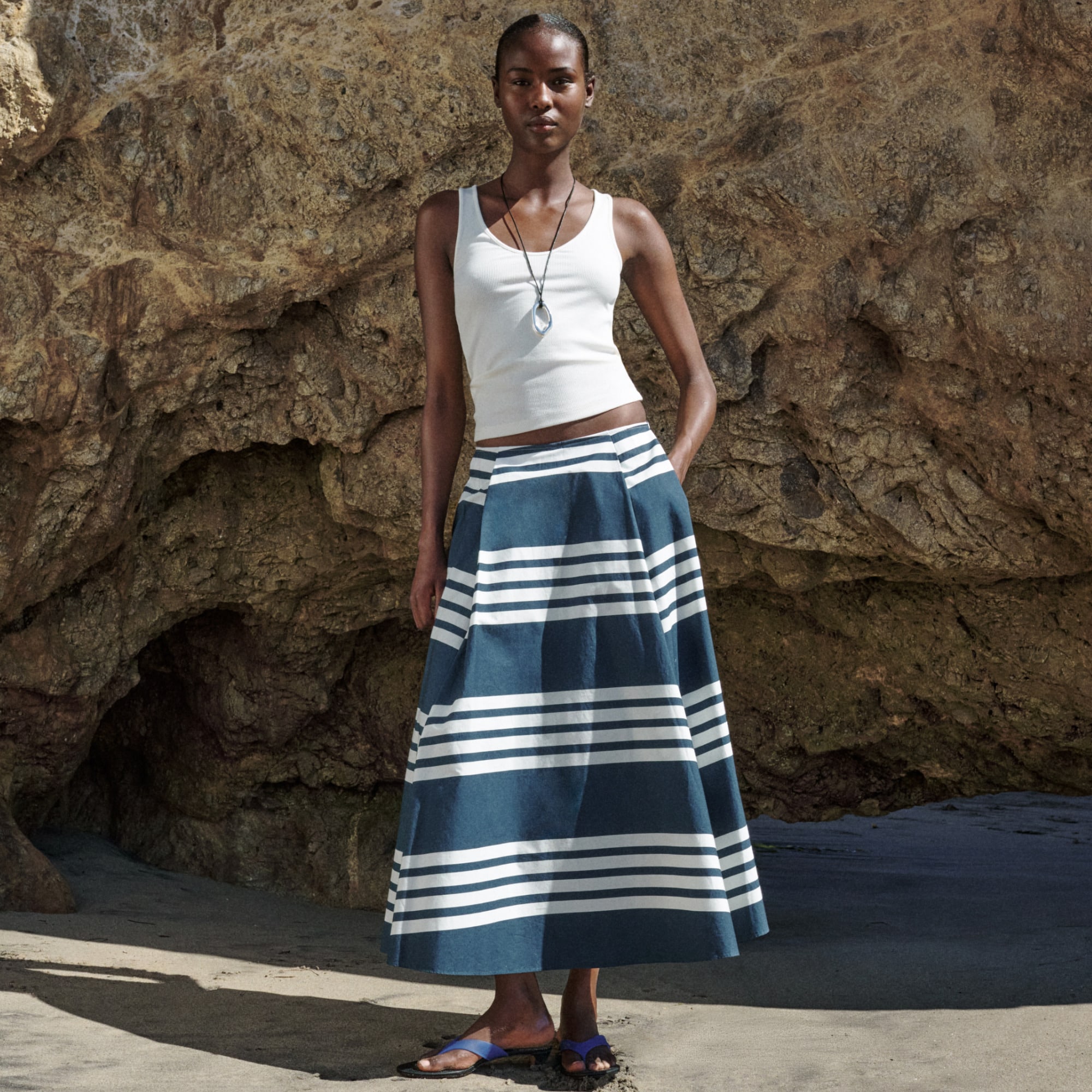 Side-pleat midi skirt in sailor-stripe cotton poplin - image 5
