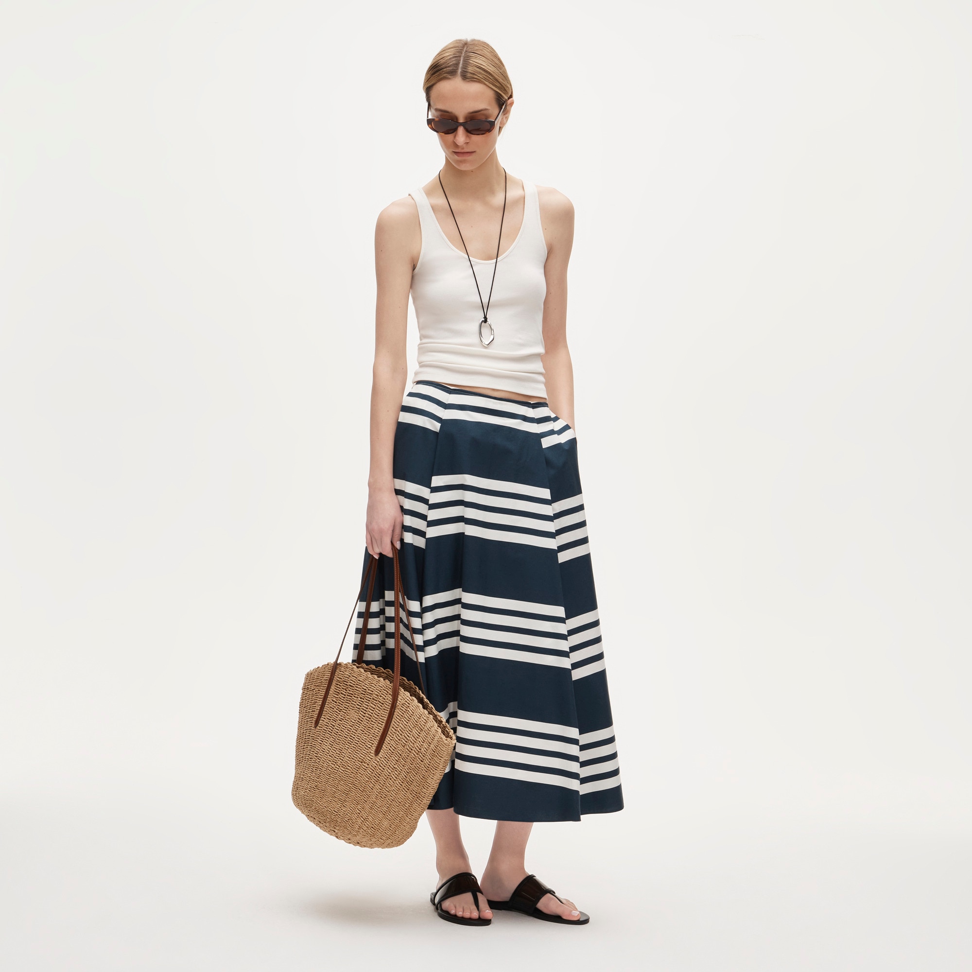 Side-pleat midi skirt in sailor-stripe cotton poplin - image 2
