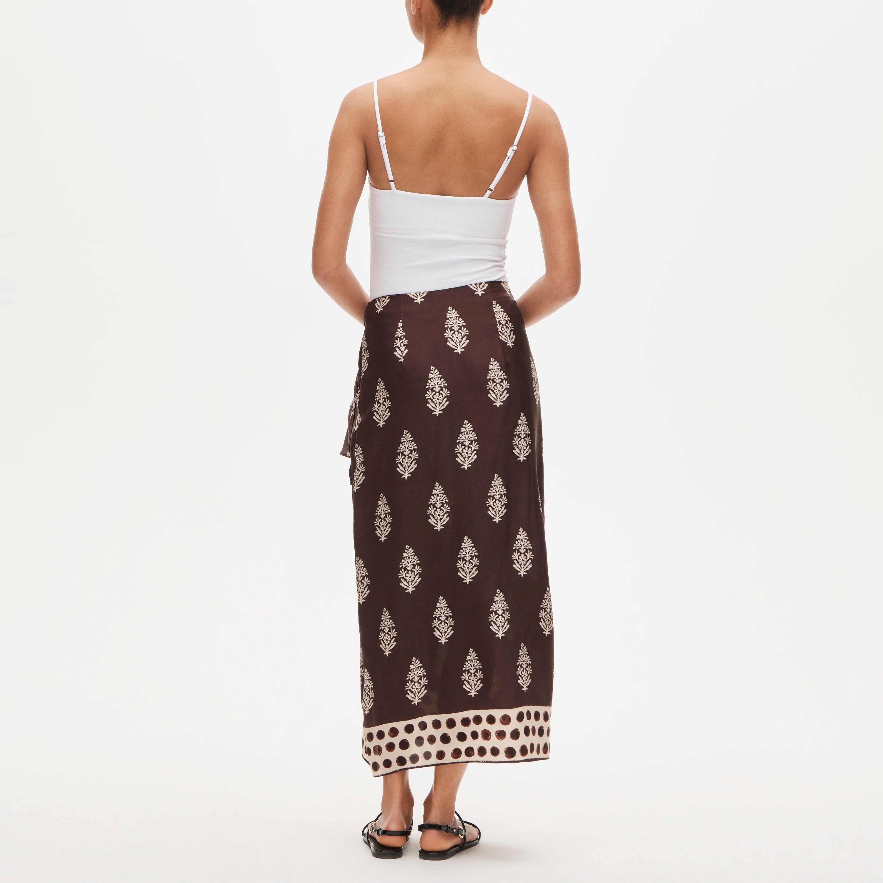 Faux-wrap skirt in cocoa block print