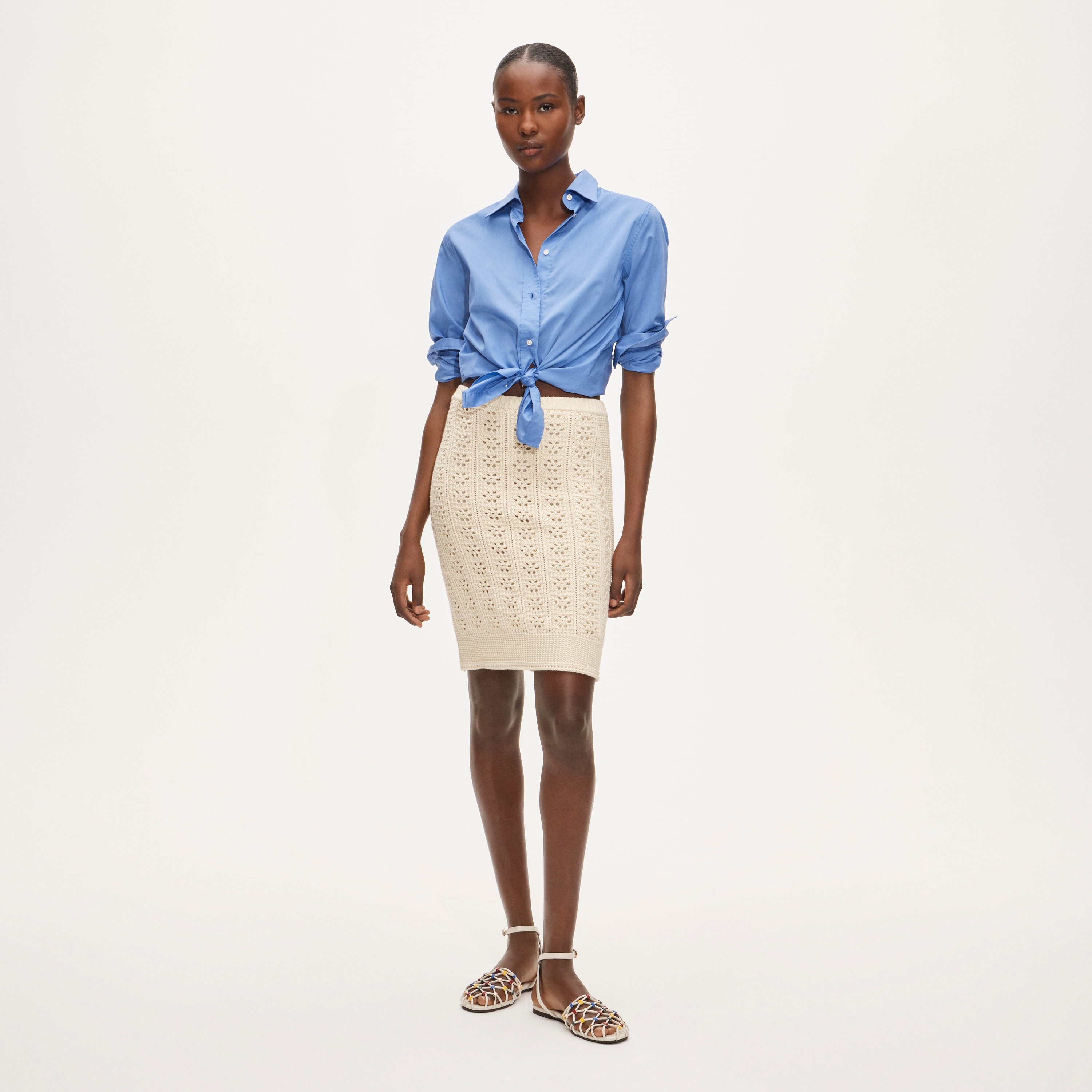 Pointelle-knit knee-length skirt in cotton
