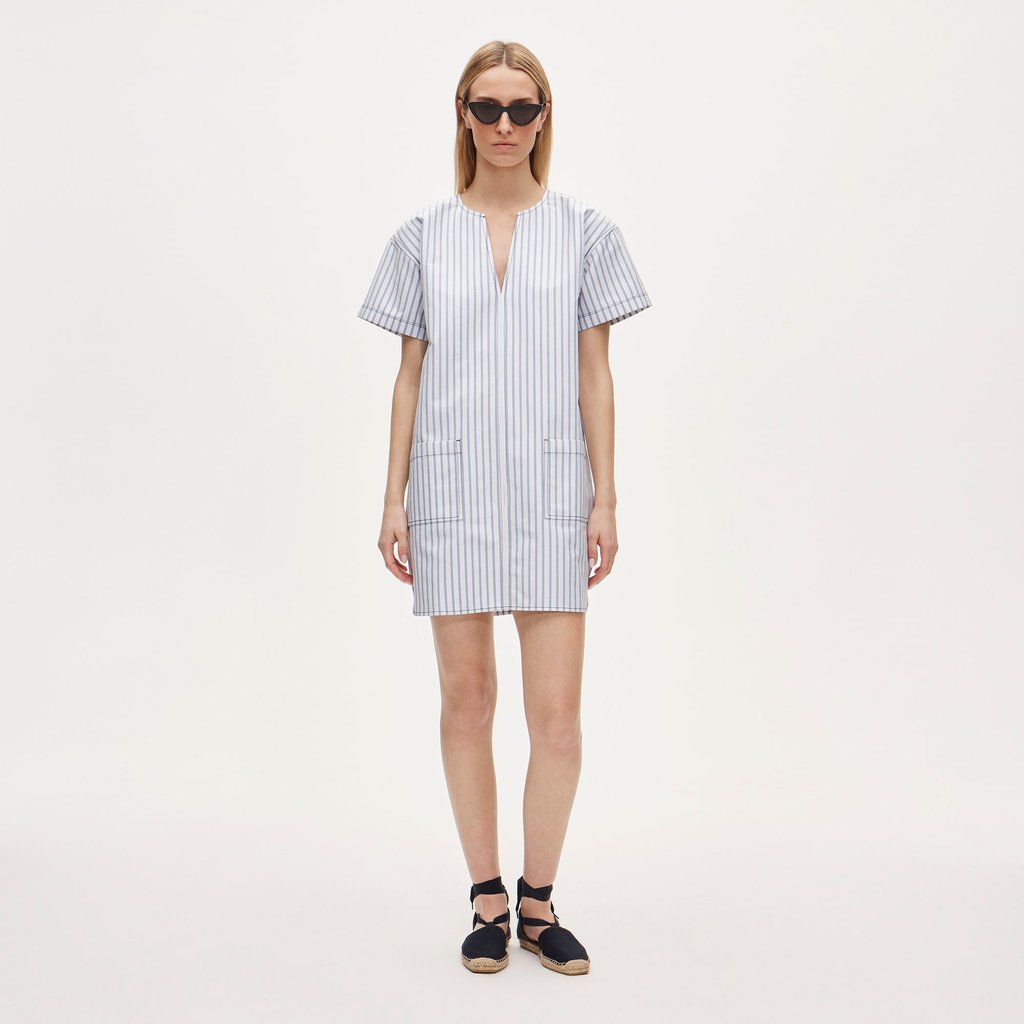 Patch-pocket pullover dress in striped structured cotton poplin - image 2