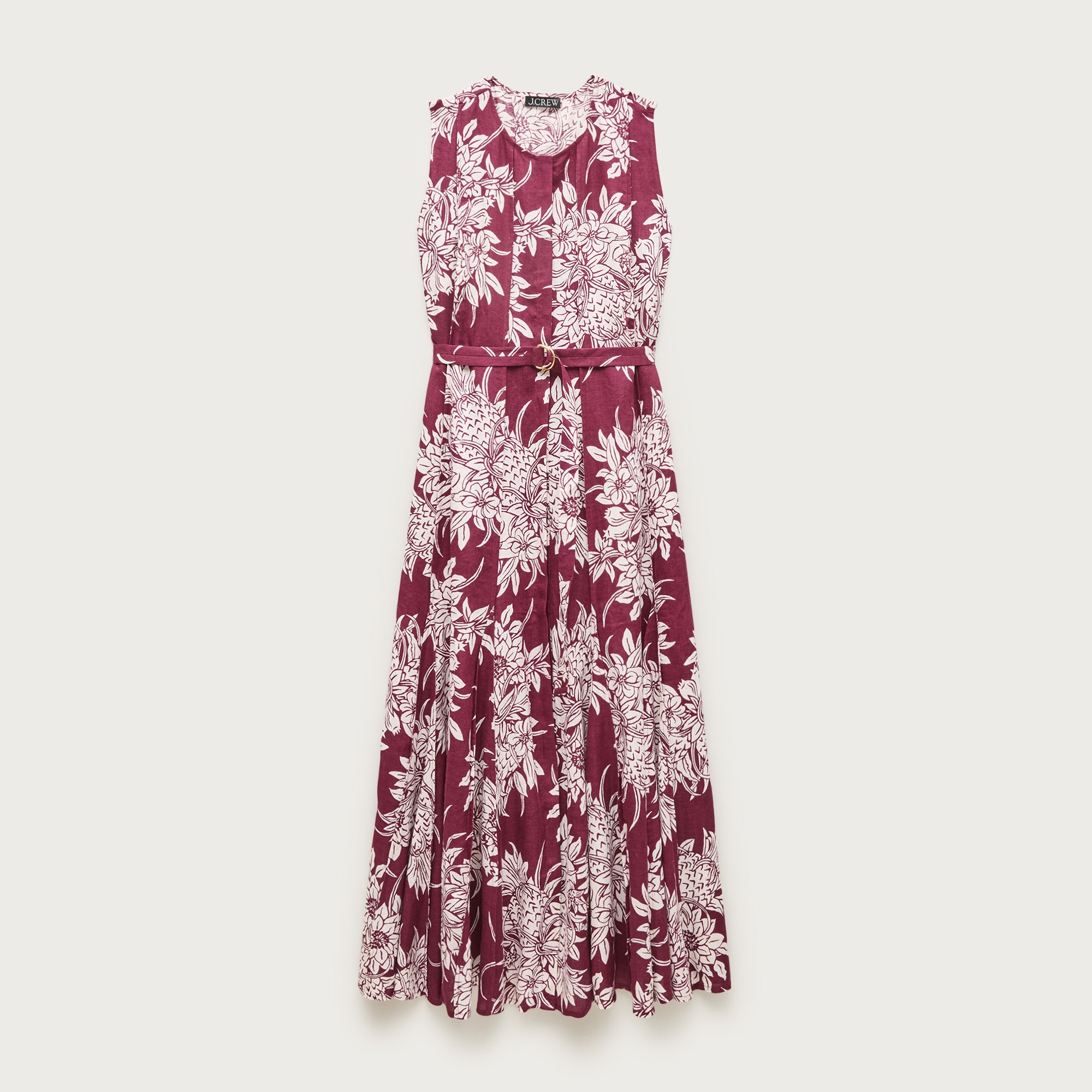 Seamed linen dress with removable belt in pineapple garden print