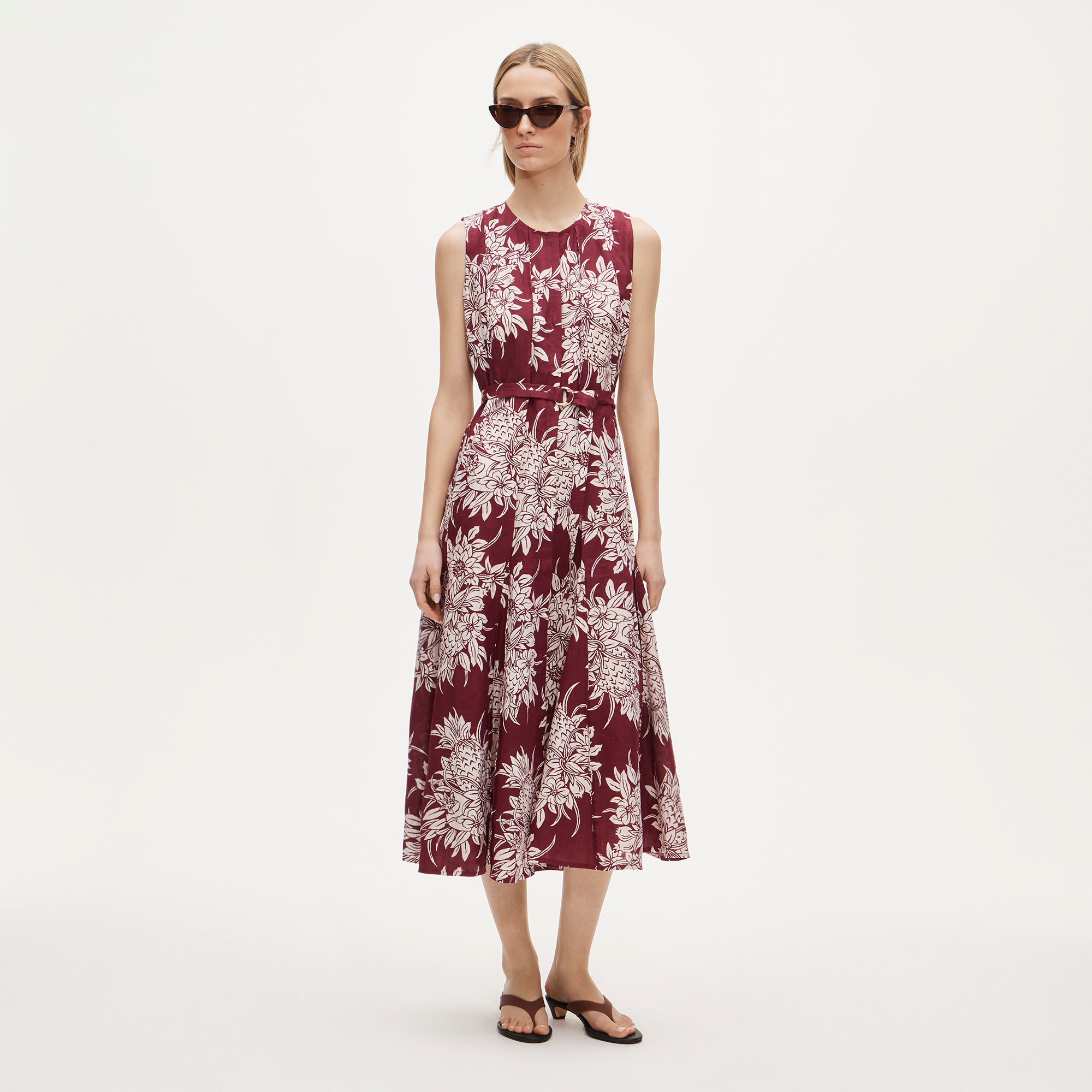 Seamed Linen Dress With Removable Belt In Pineapple Garden Print