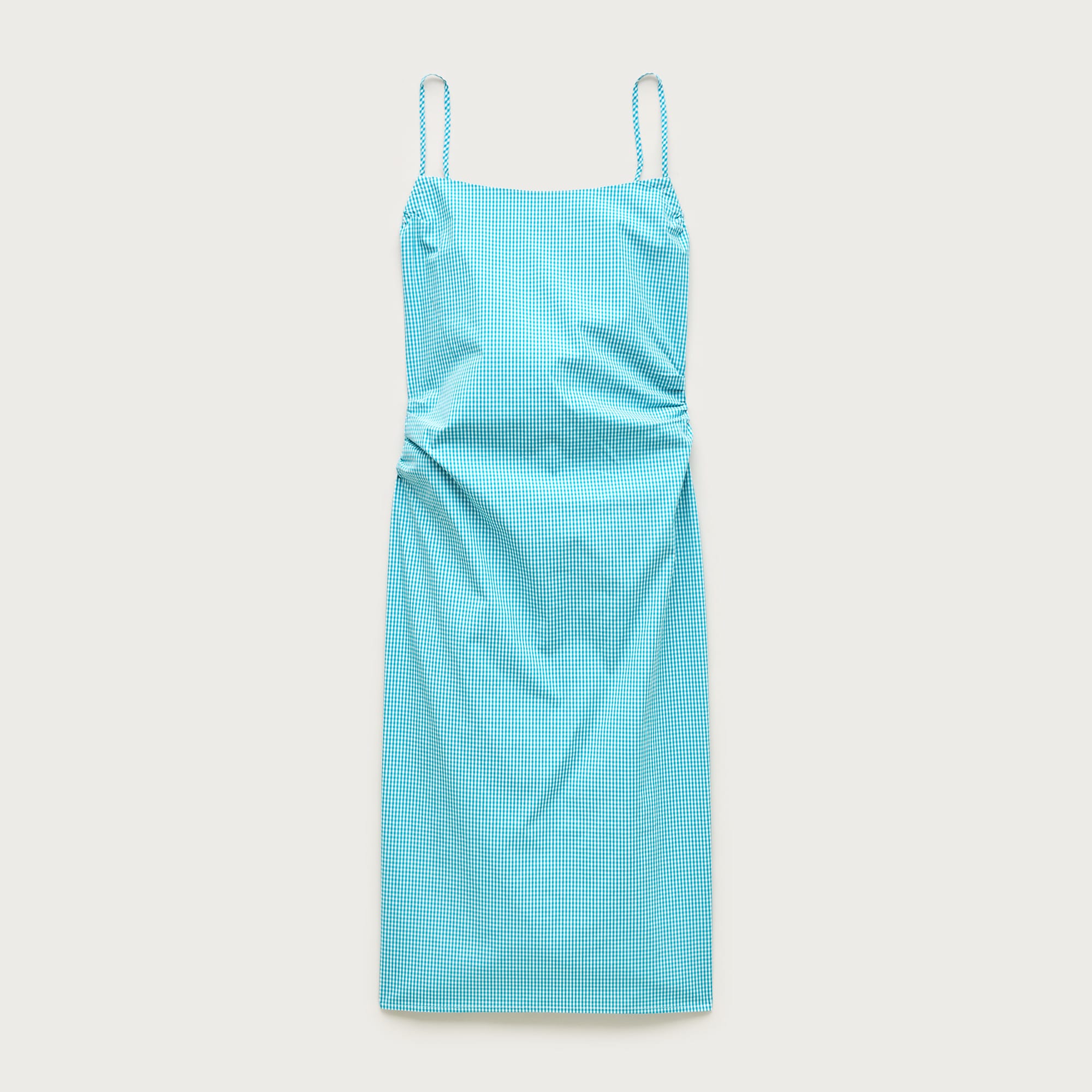 Ruched sheath dress in gingham stretch poplin