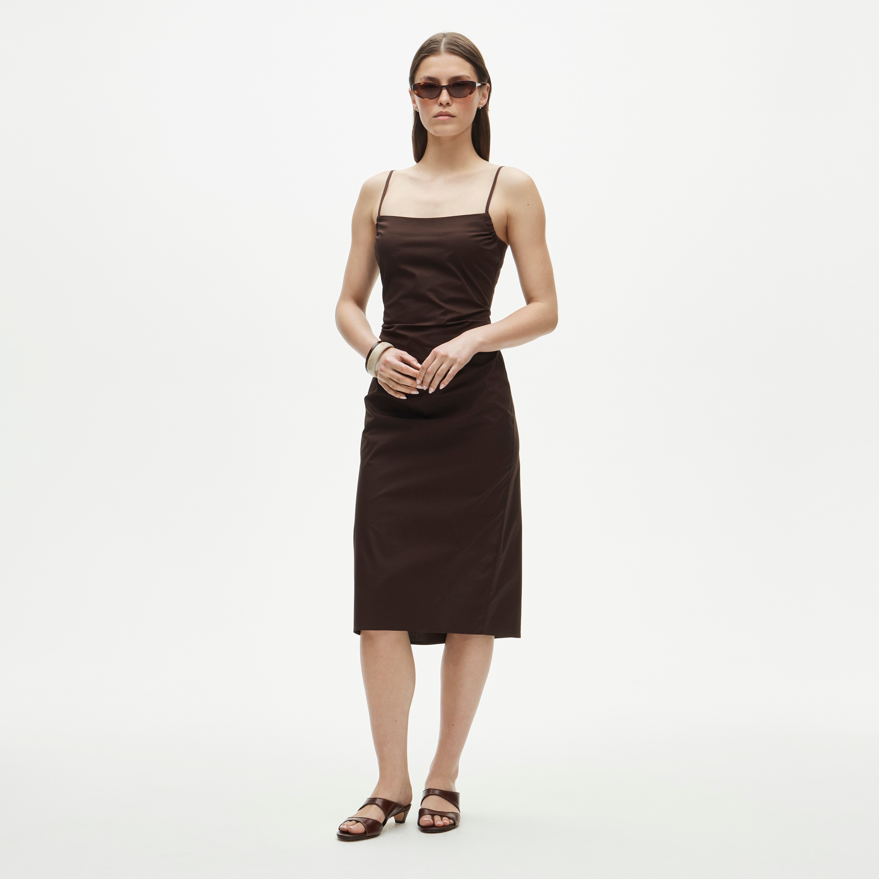Ruched sheath dress in stretch poplin