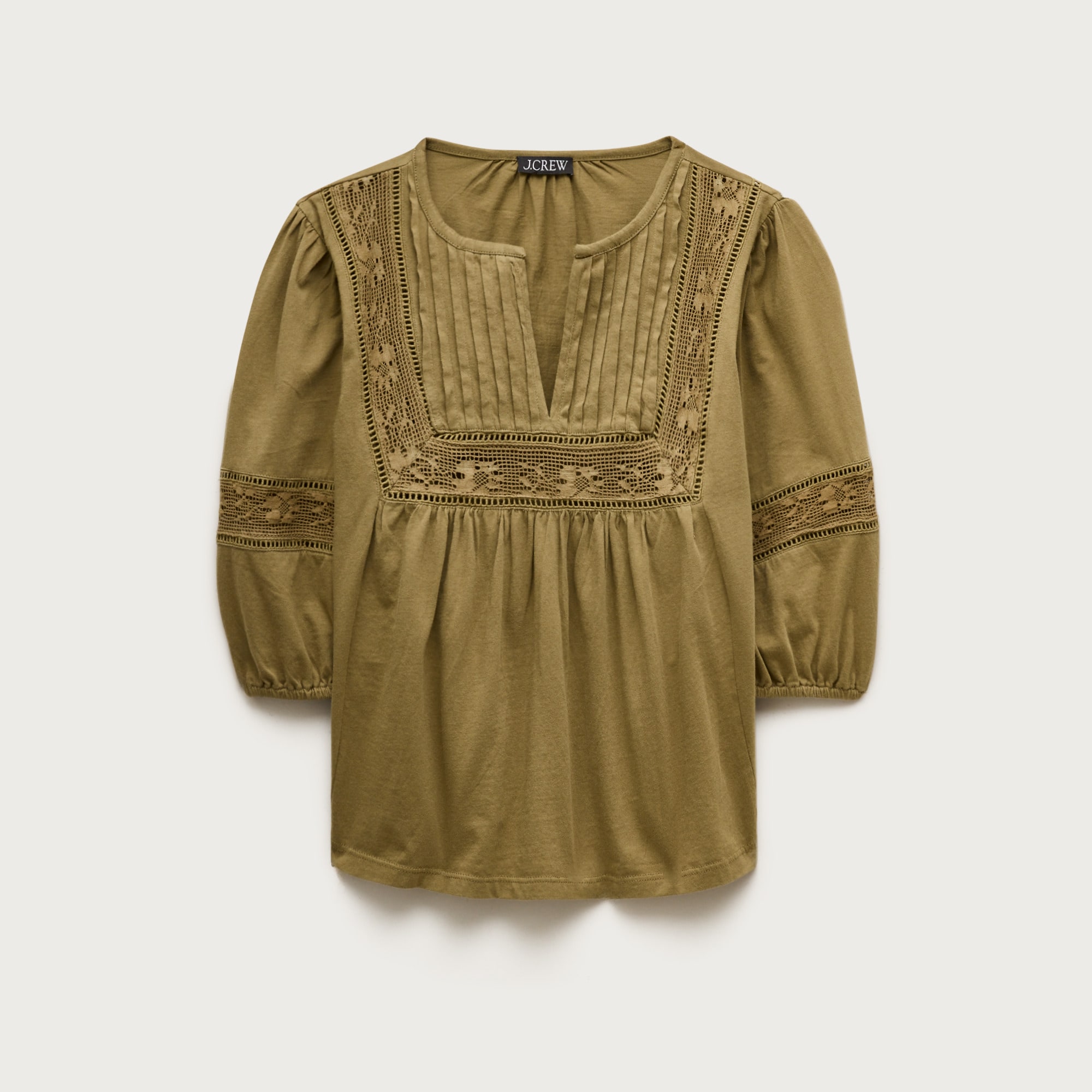 Lace-trim puff-sleeve shirt in broken-in jersey