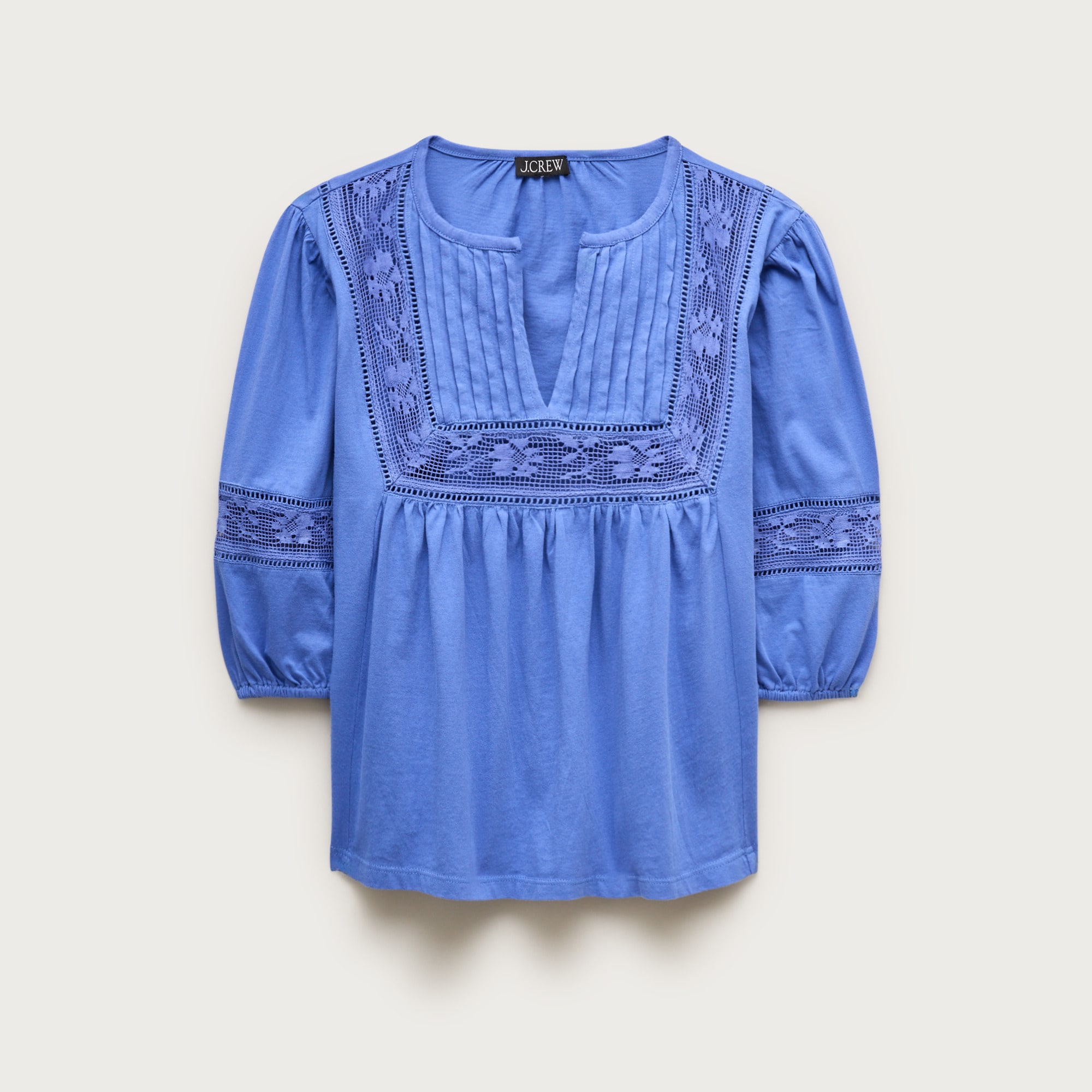 Lace-trim puff-sleeve shirt in broken-in jersey