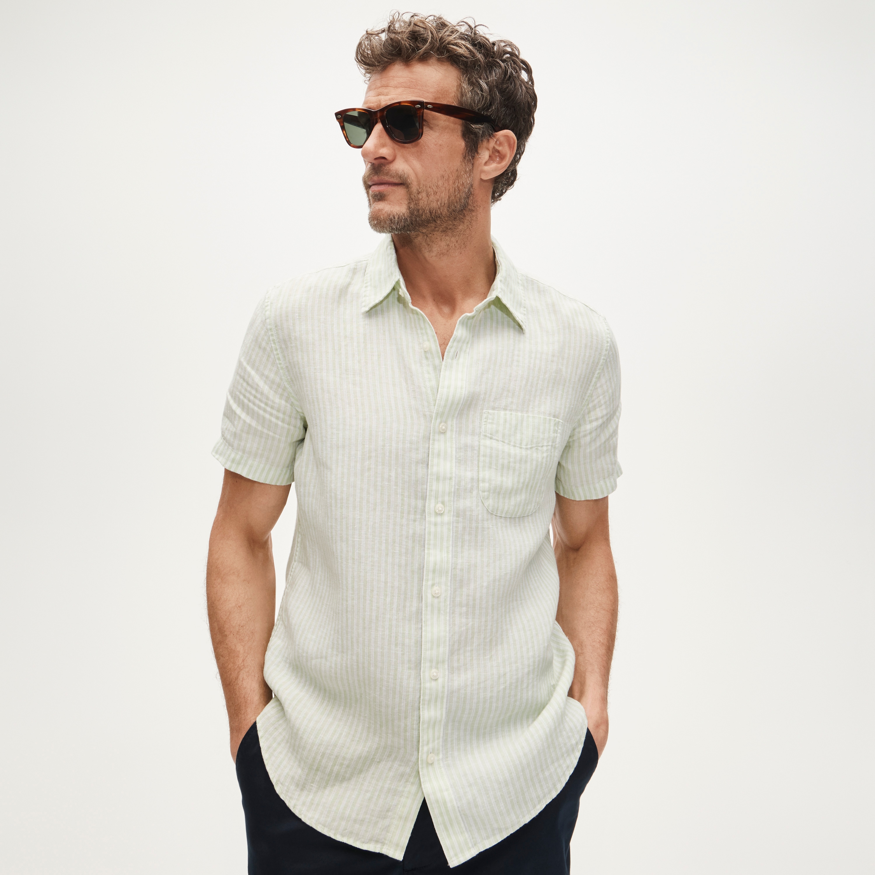 Short-sleeve point-collar linen shirt in stripe