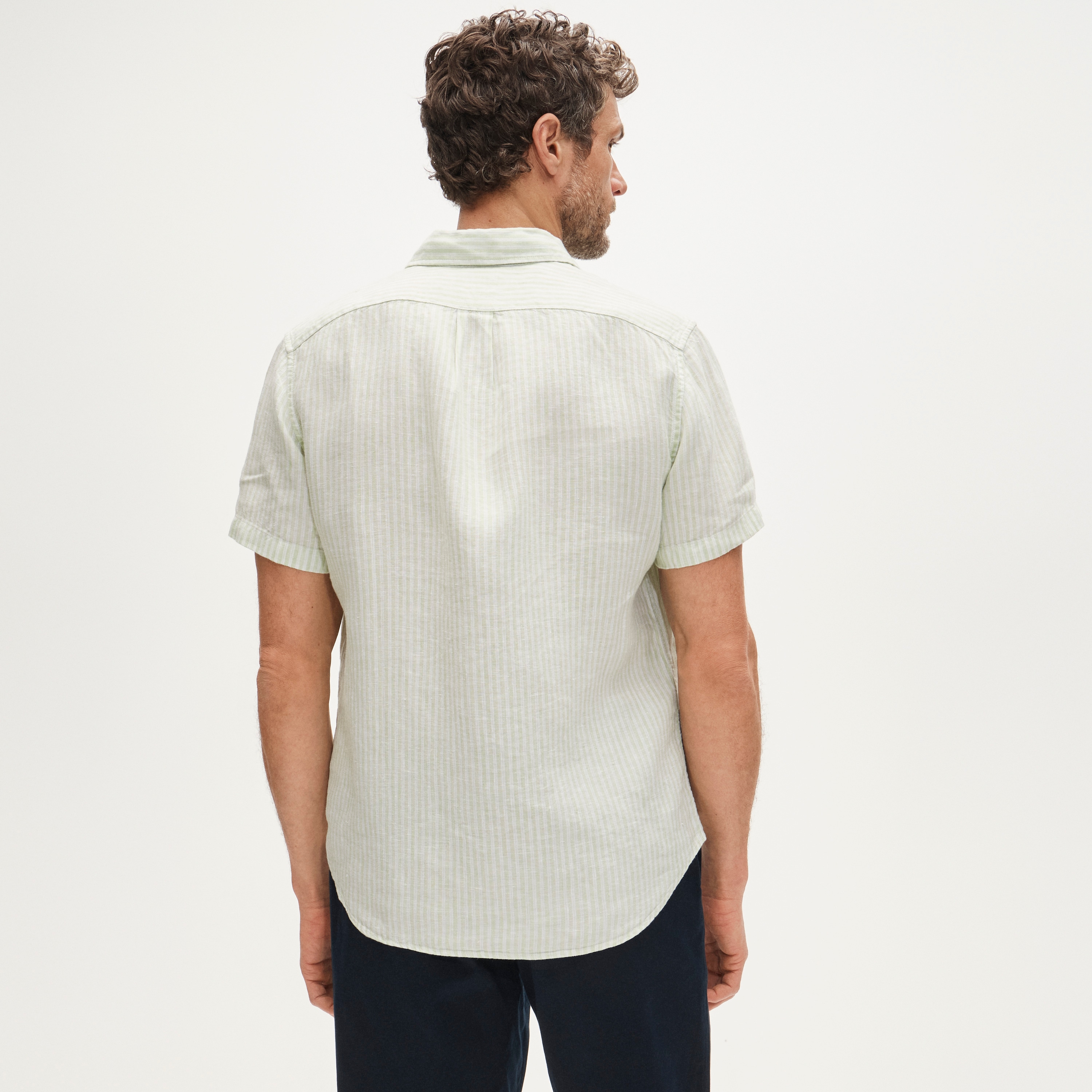 Short-sleeve point-collar linen shirt in stripe