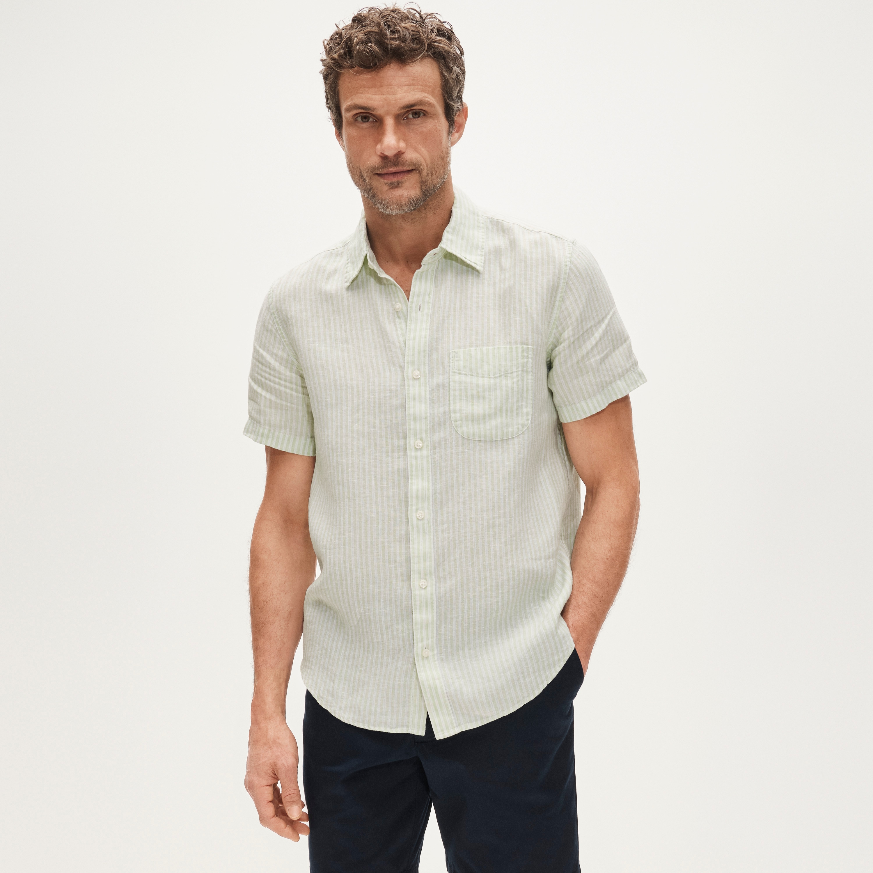 Short-sleeve point-collar linen shirt in stripe
