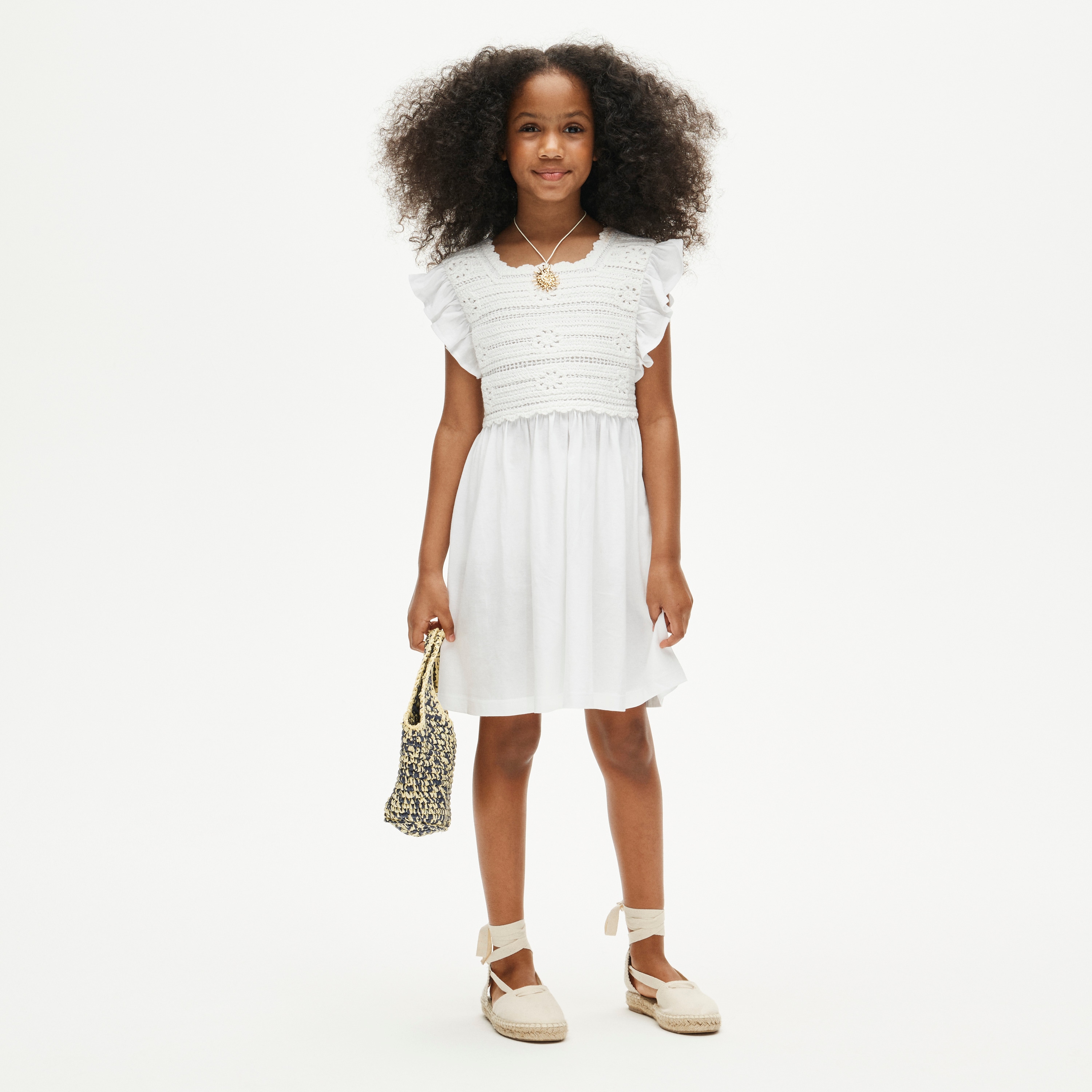 Girls' crochet ruffle-sleeve dress in jersey