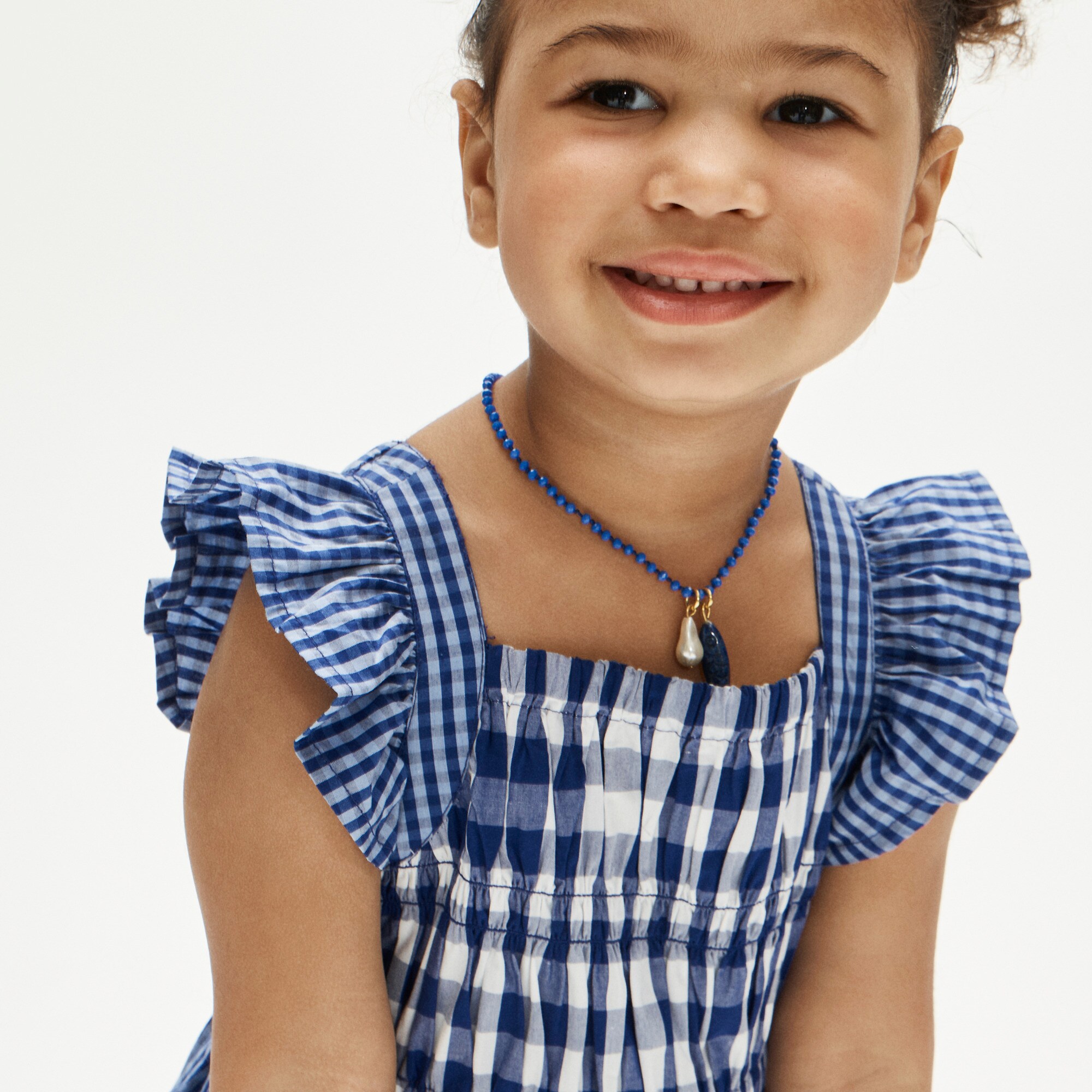 Girls' patch-pocket romper in mixed gingham cotton poplin