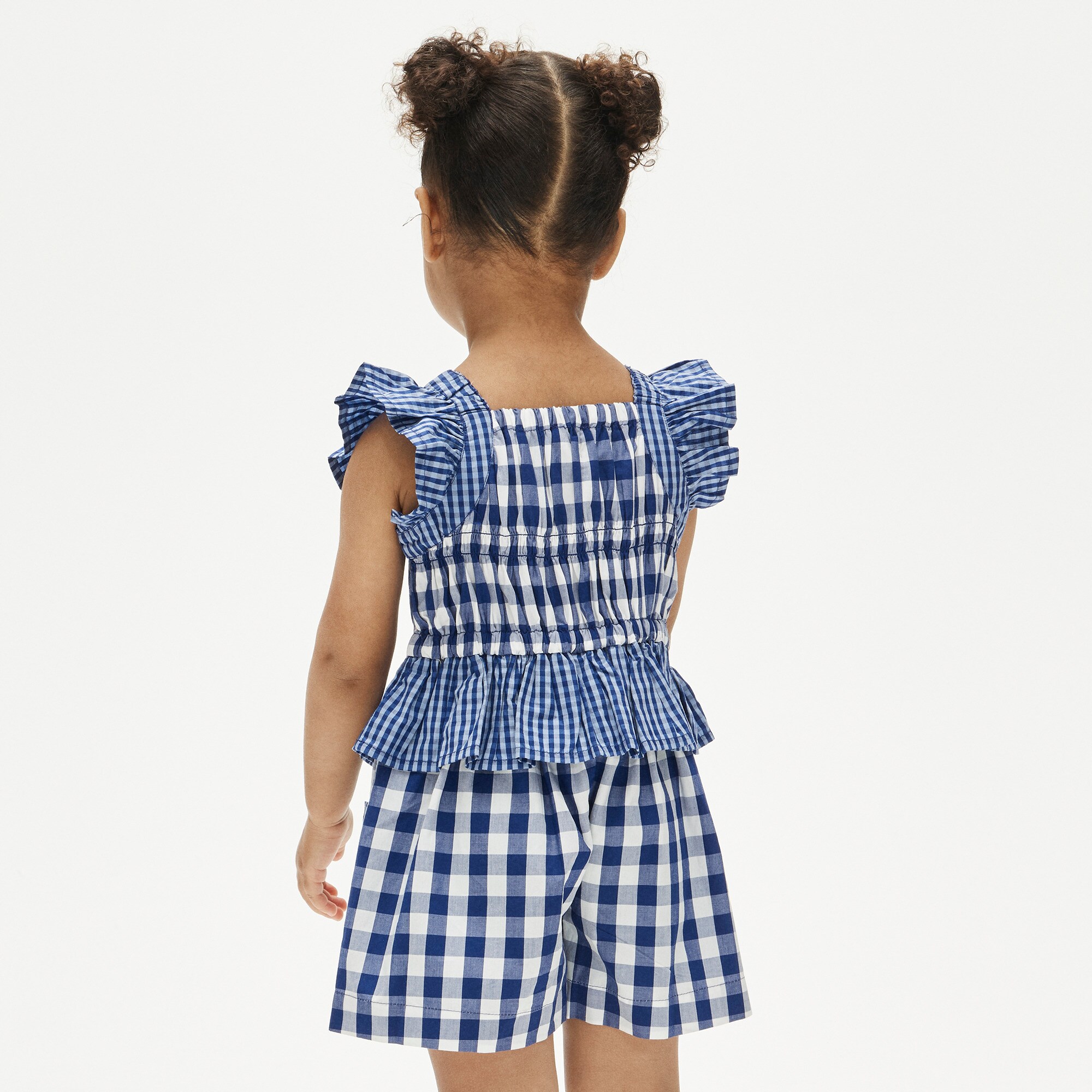 Girls' patch-pocket romper in mixed gingham cotton poplin