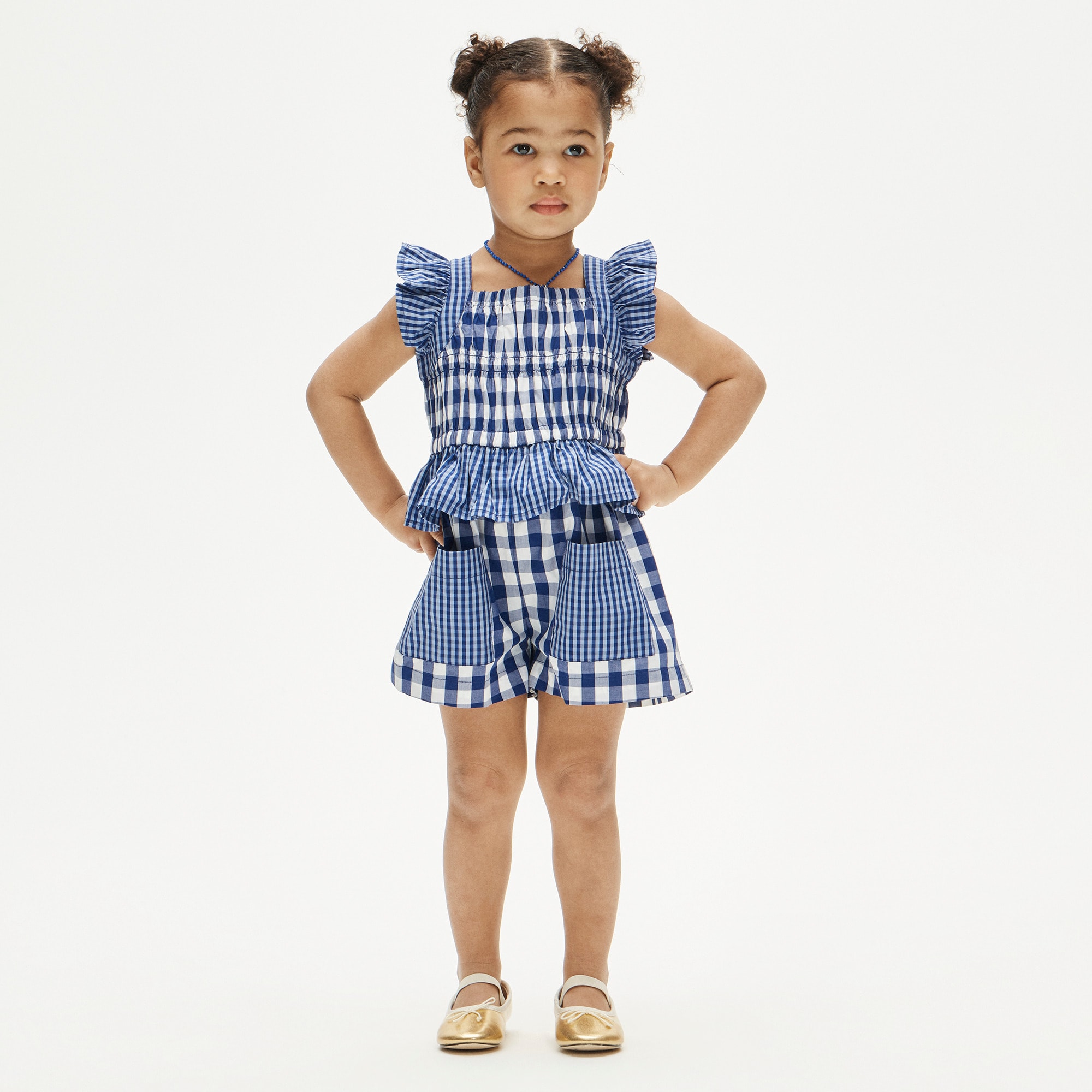 Girls' patch-pocket romper in mixed gingham cotton poplin