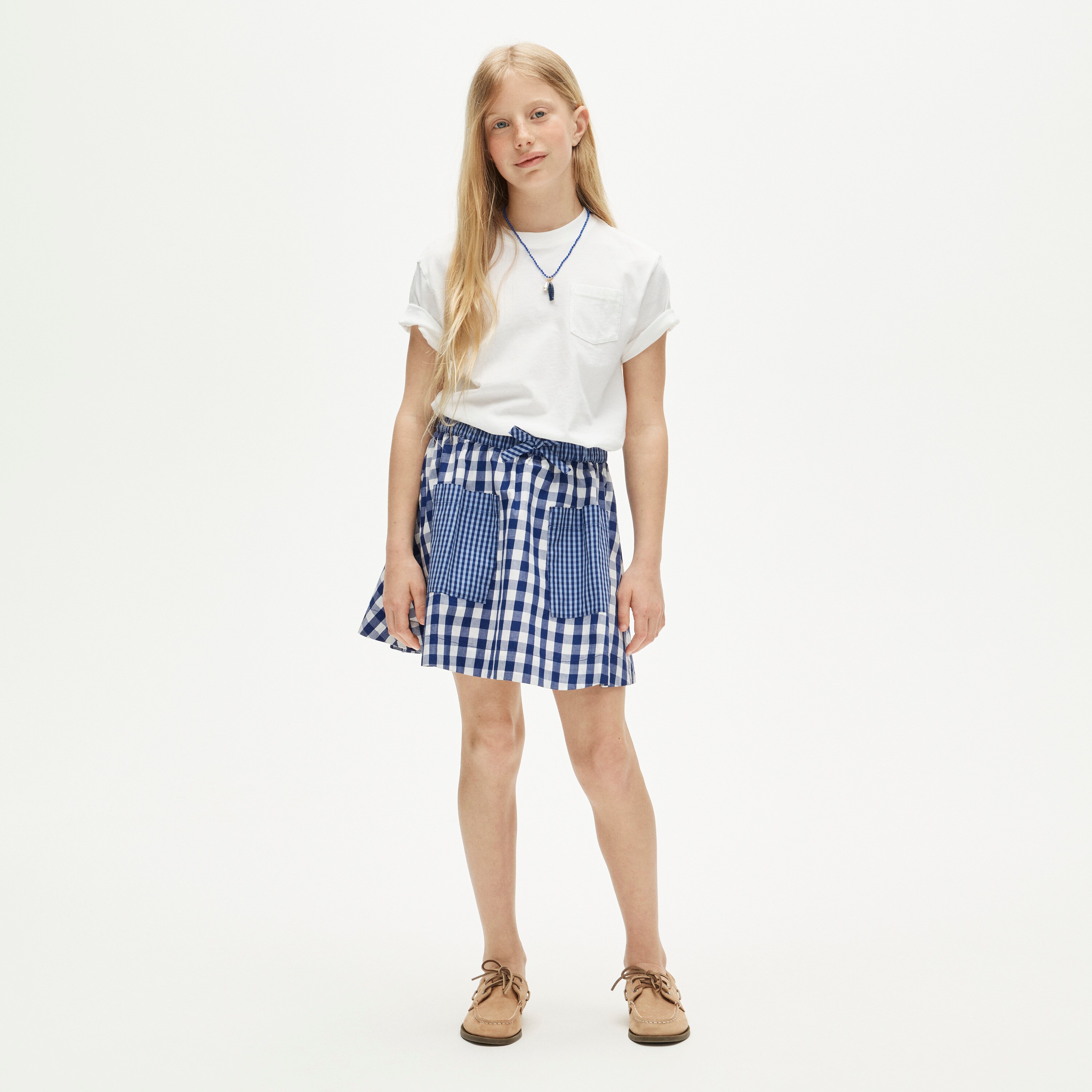 Girls' patch-pocket skirt in mixed gingham cotton poplin