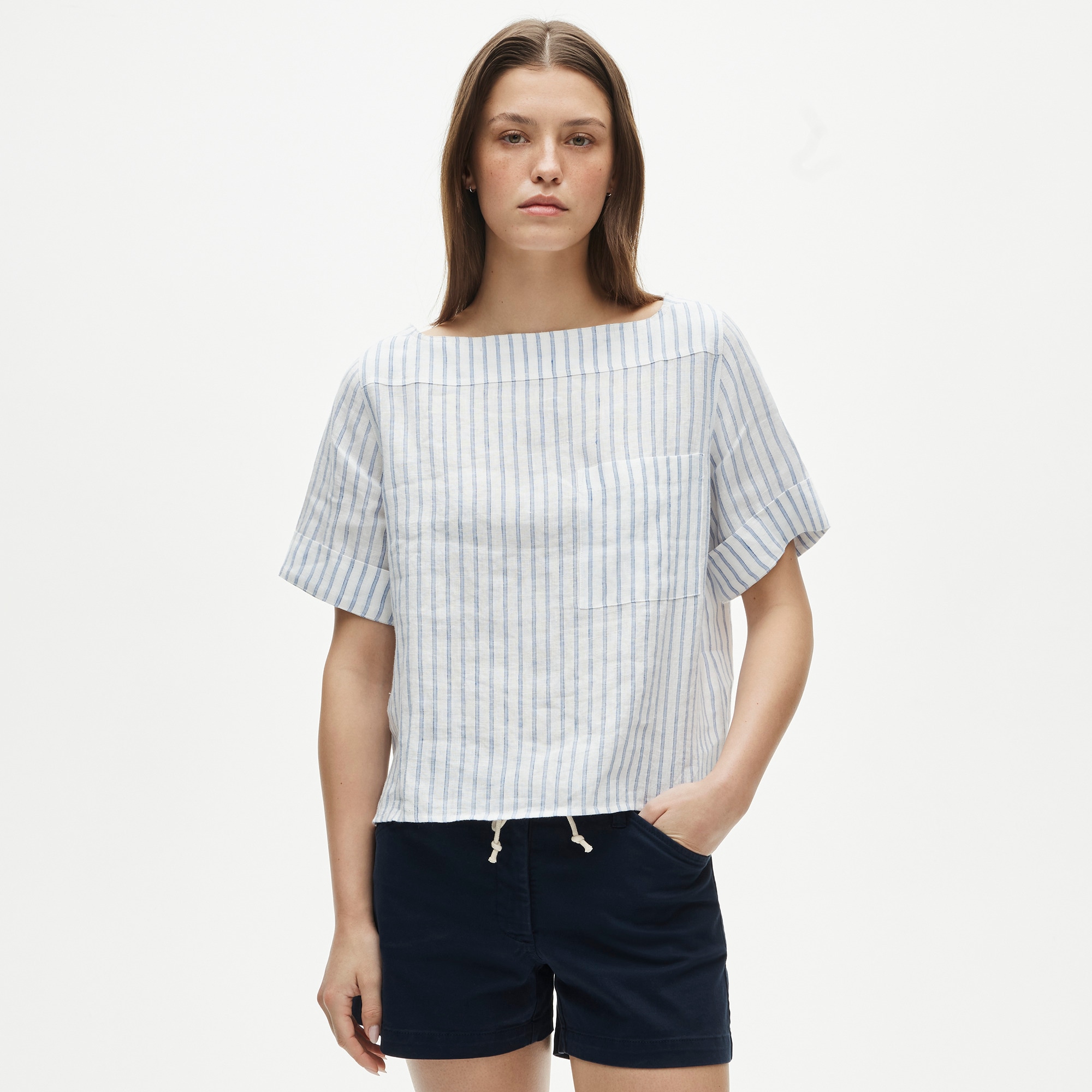 Boatneck T-shirt in striped linen - image 2