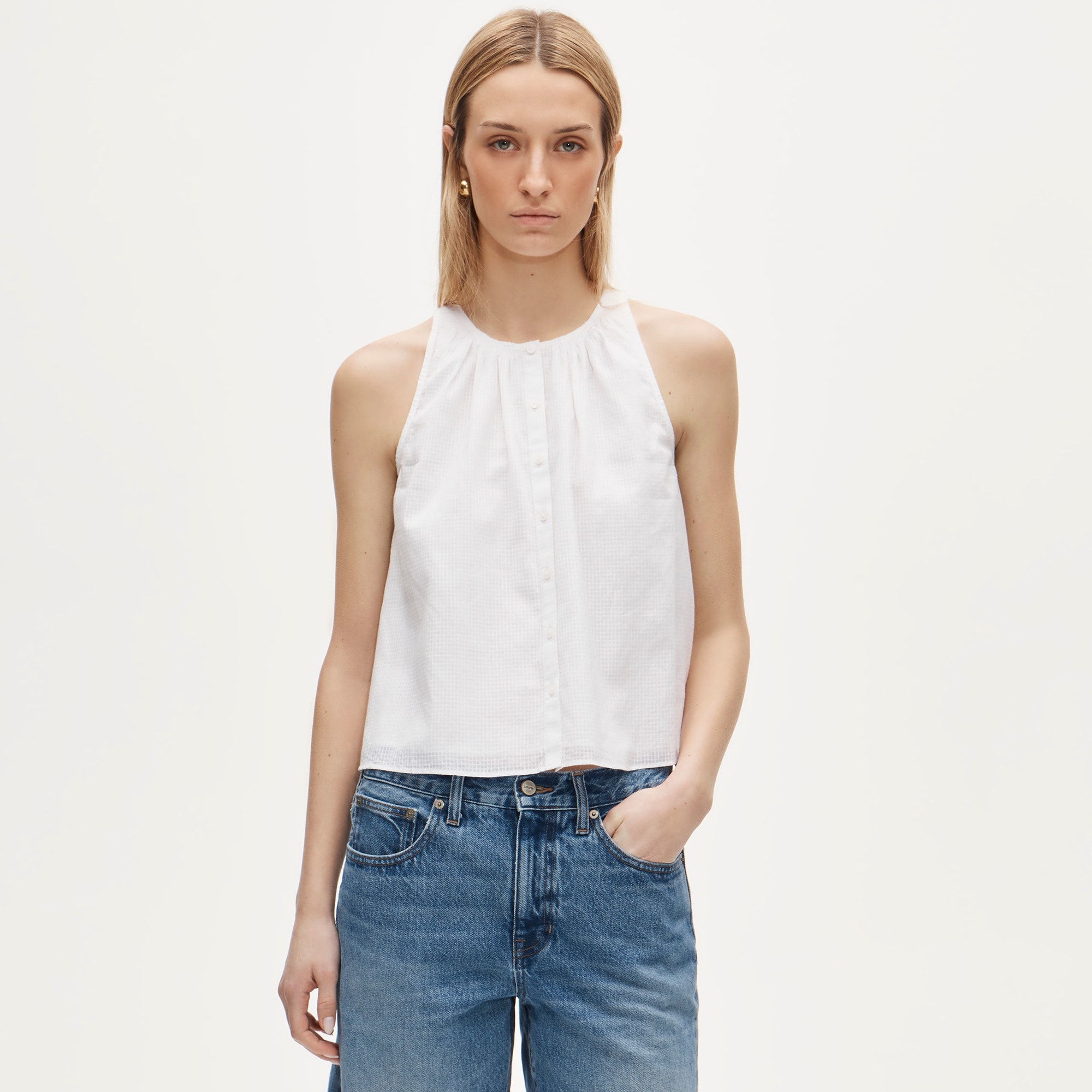 High-neck tank top in textured cotton voile - image 2