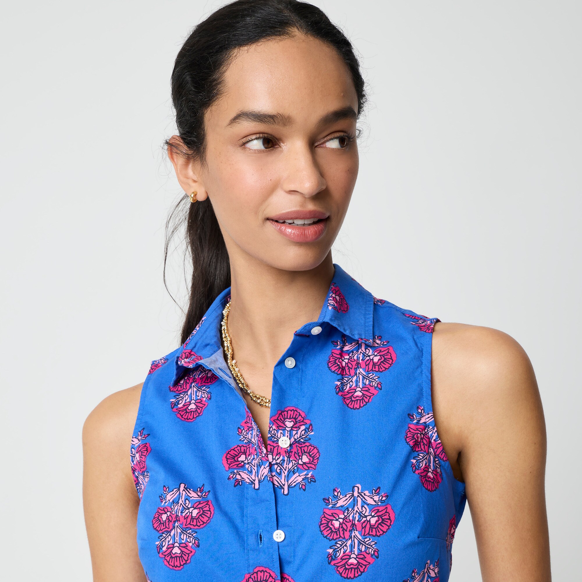Sleeveless cotton-blend poplin shirt in signature fit