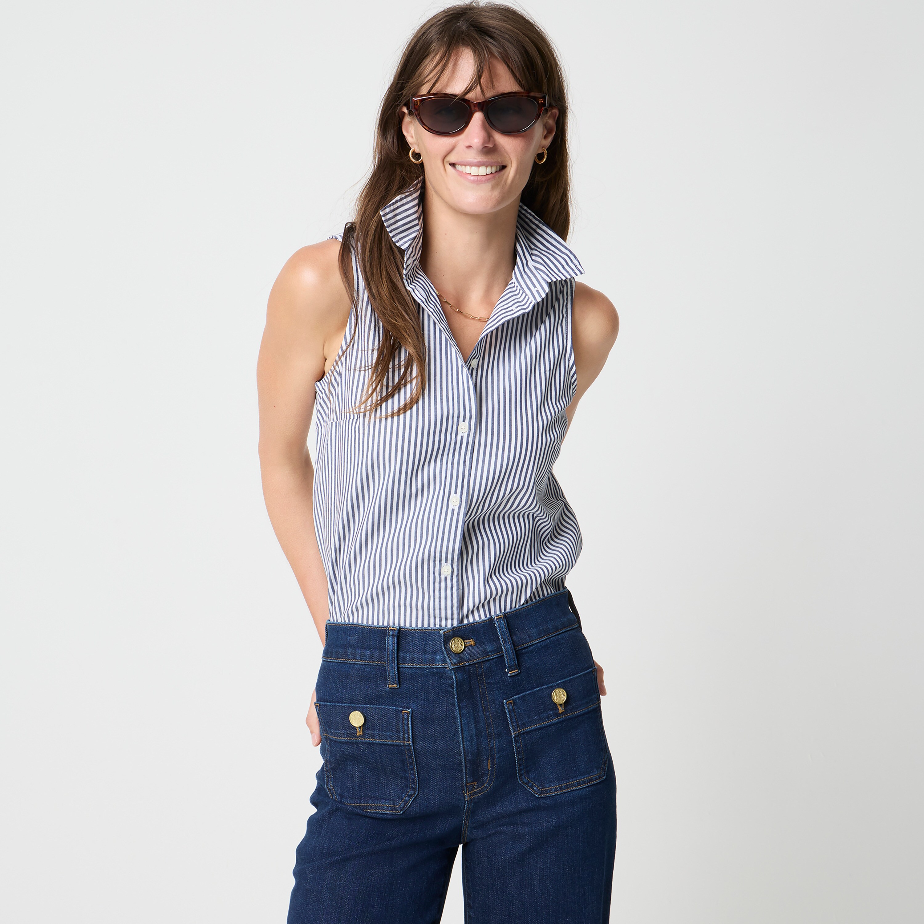 Sleeveless cotton-blend poplin shirt in signature fit