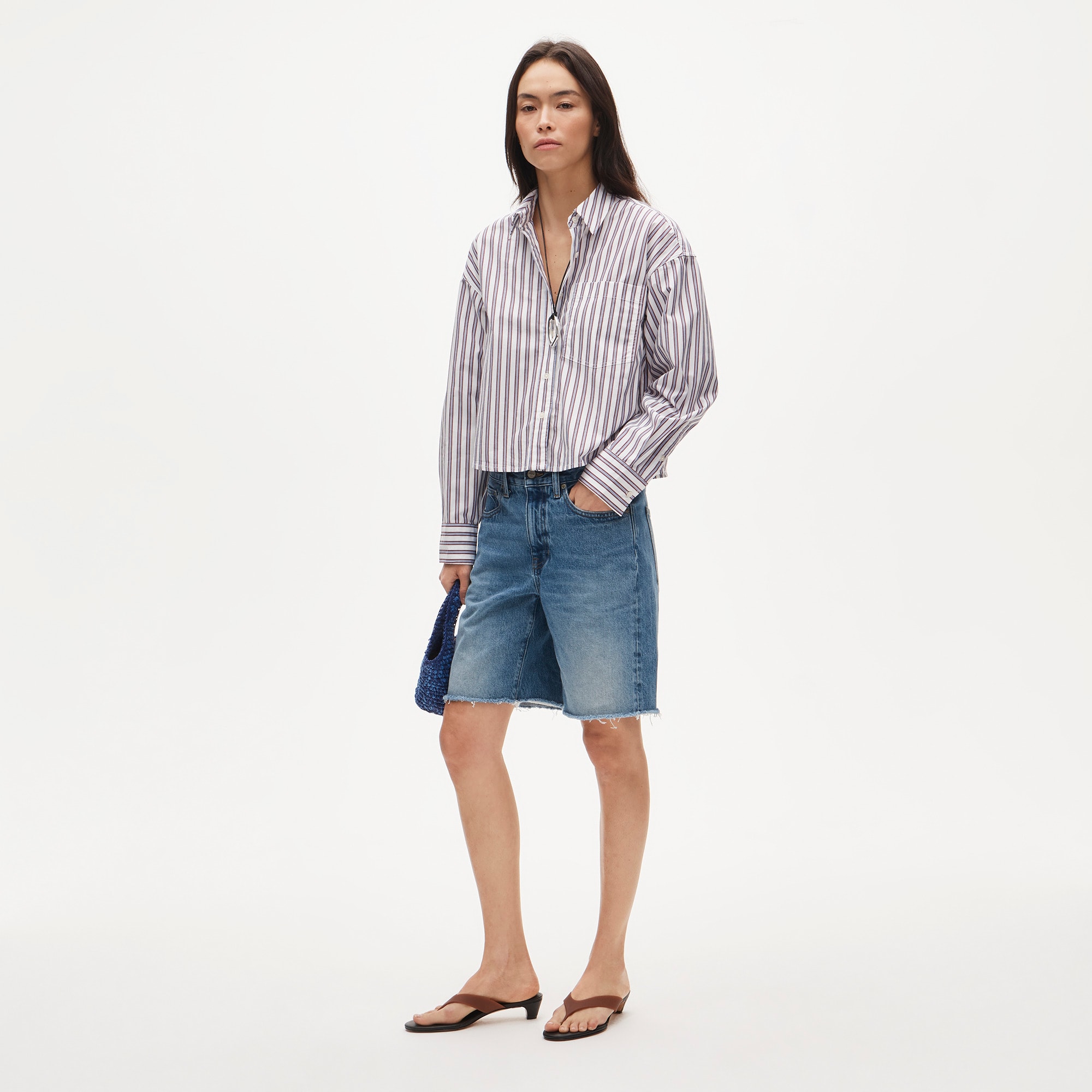 Étienne cropped button-up shirt in striped cotton poplin