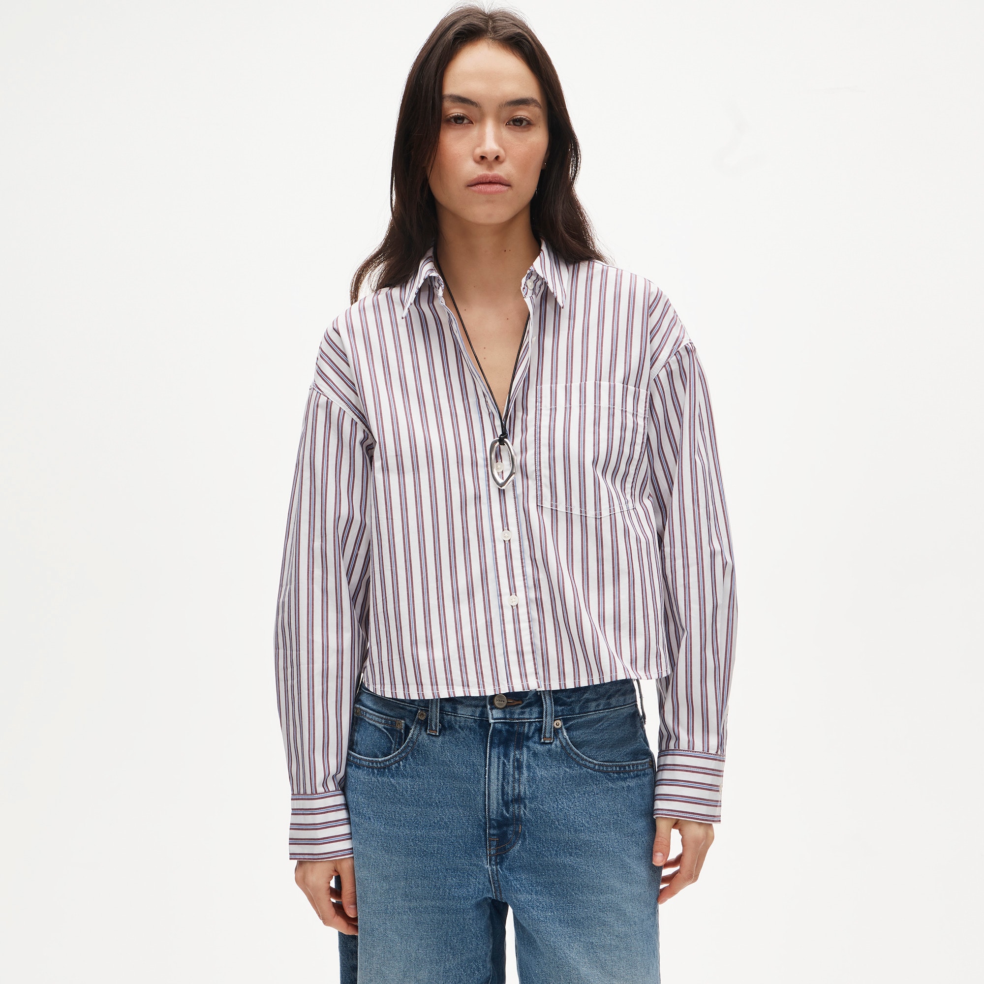 &Eacute;tienne cropped button-up shirt in striped cotton poplin - image 2