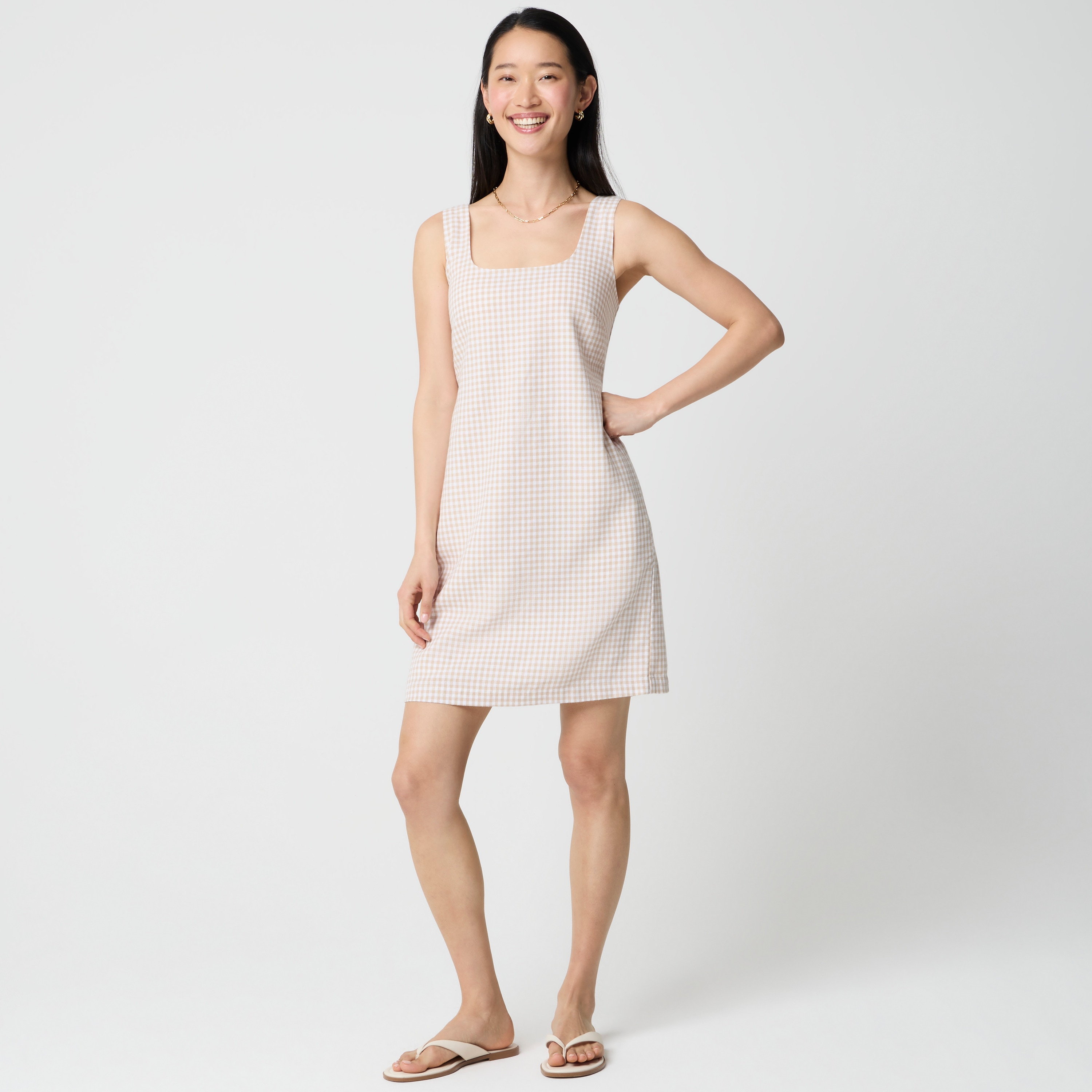Linen-blend squareneck shift dress