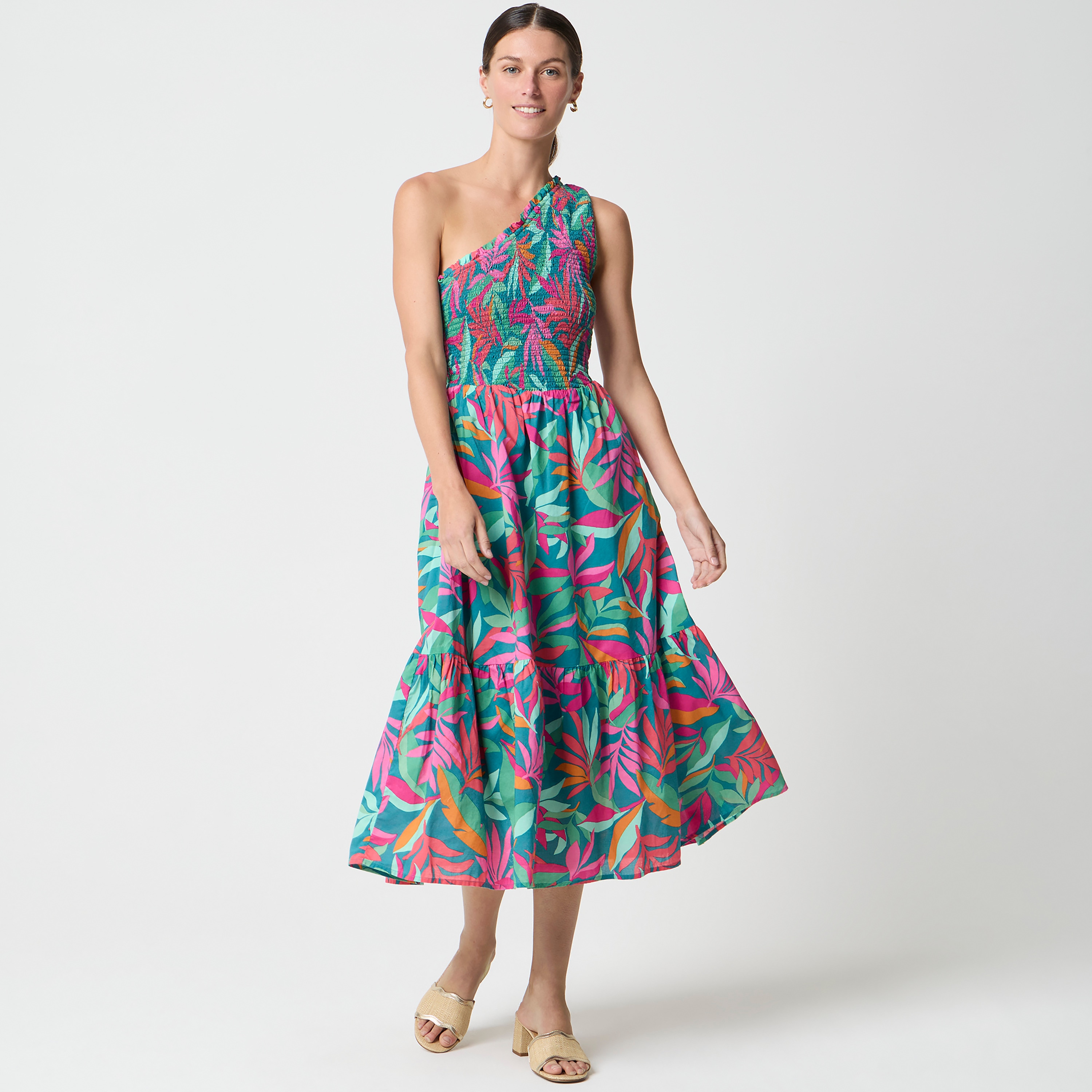 One-shoulder smocked midi dress