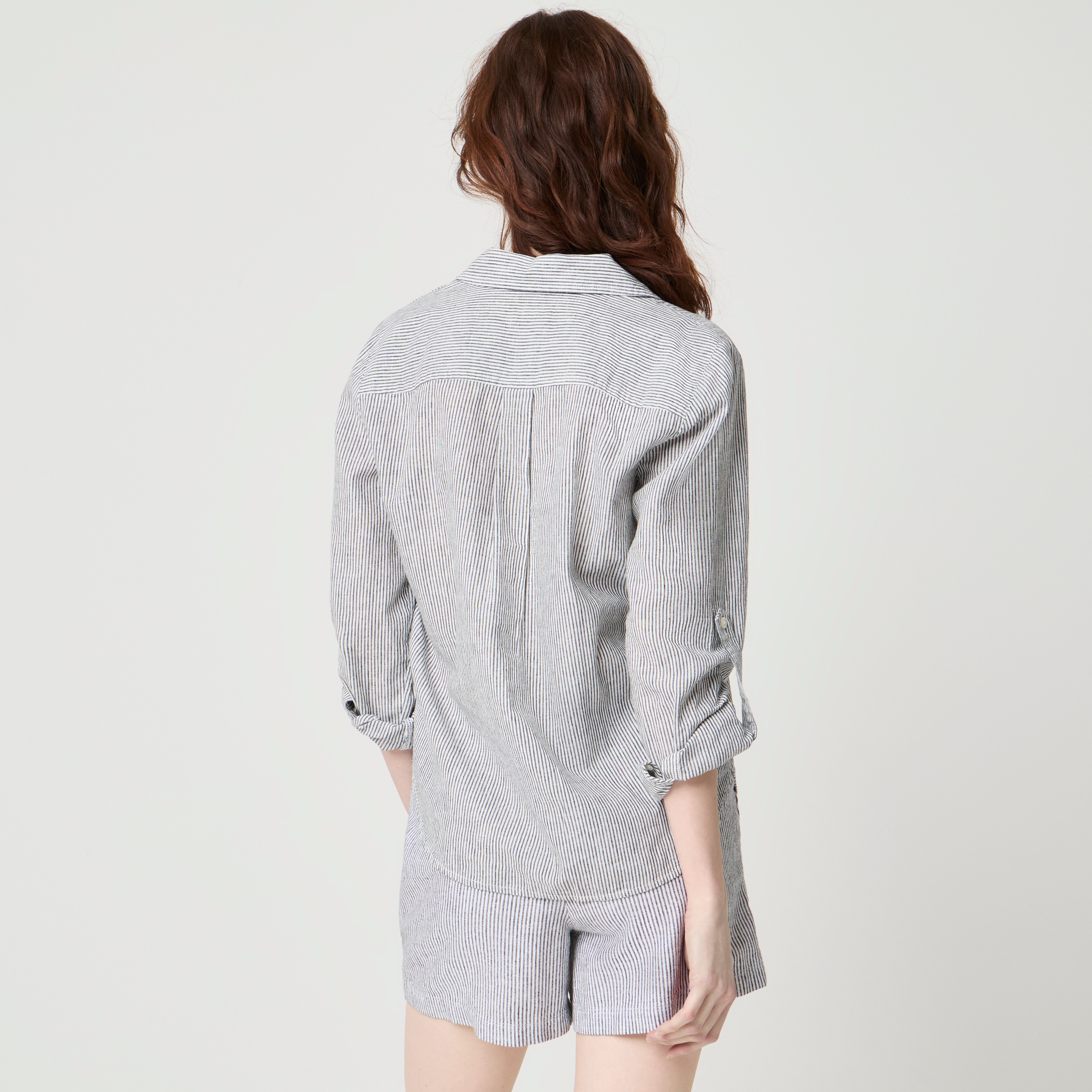Striped linen-blend popover top